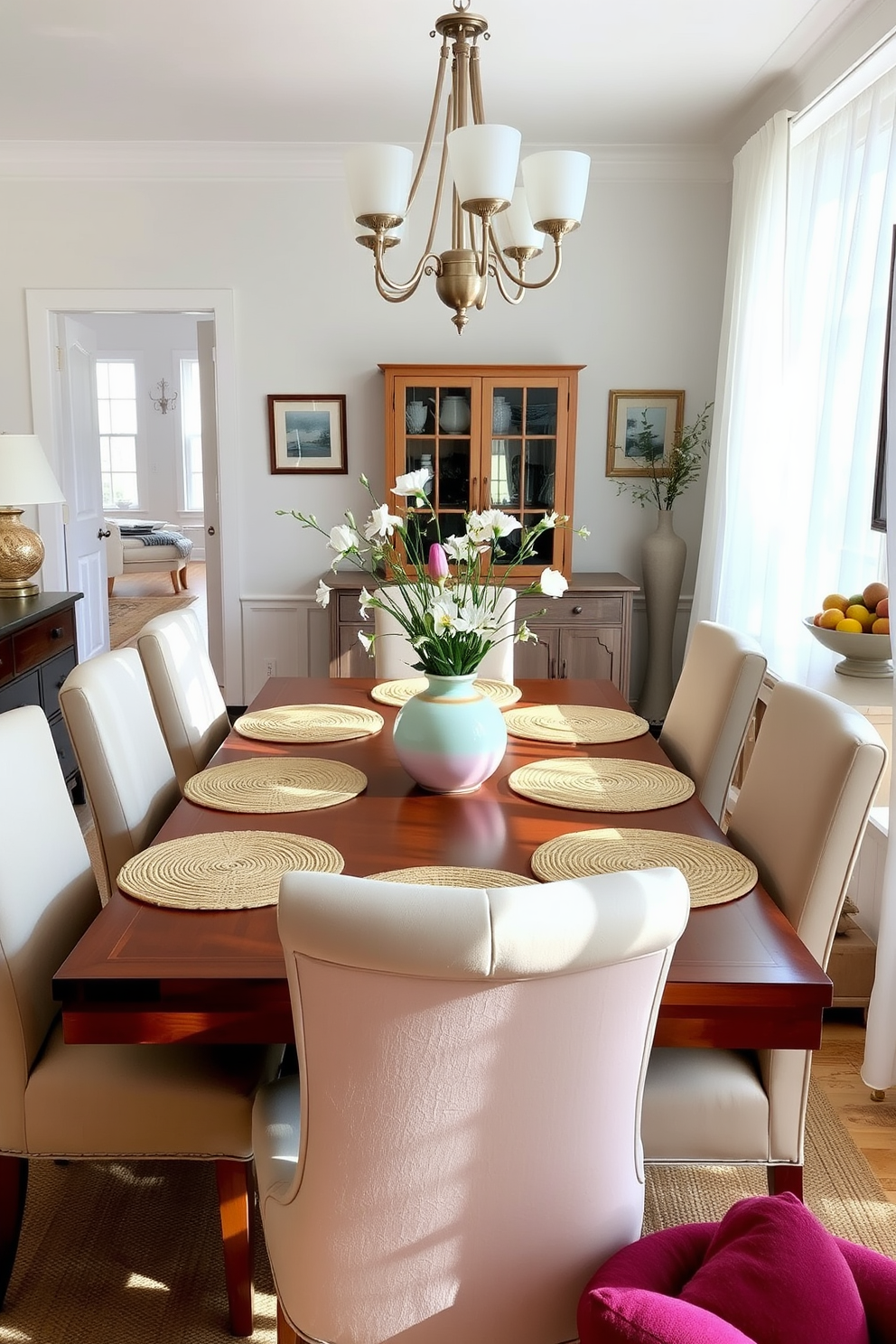 A bright and inviting dining room features a large wooden table surrounded by upholstered chairs in soft pastel colors. The table is set with woven placemats that add texture and warmth, complemented by fresh spring flowers in a ceramic vase at the center. Light streams in through sheer curtains, illuminating the space and enhancing the cheerful atmosphere. A decorative bowl filled with seasonal fruits sits on the sideboard, adding a touch of color and a natural element to the decor.