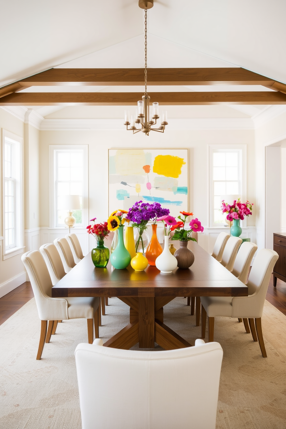 A bright and airy dining room filled with natural light. The centerpiece features a large wooden table surrounded by upholstered chairs in soft pastel colors. On the table, an assortment of colorful vases of varying heights showcases vibrant floral arrangements. The walls are painted in a light cream shade, and a large piece of abstract art adds a pop of color to the space.