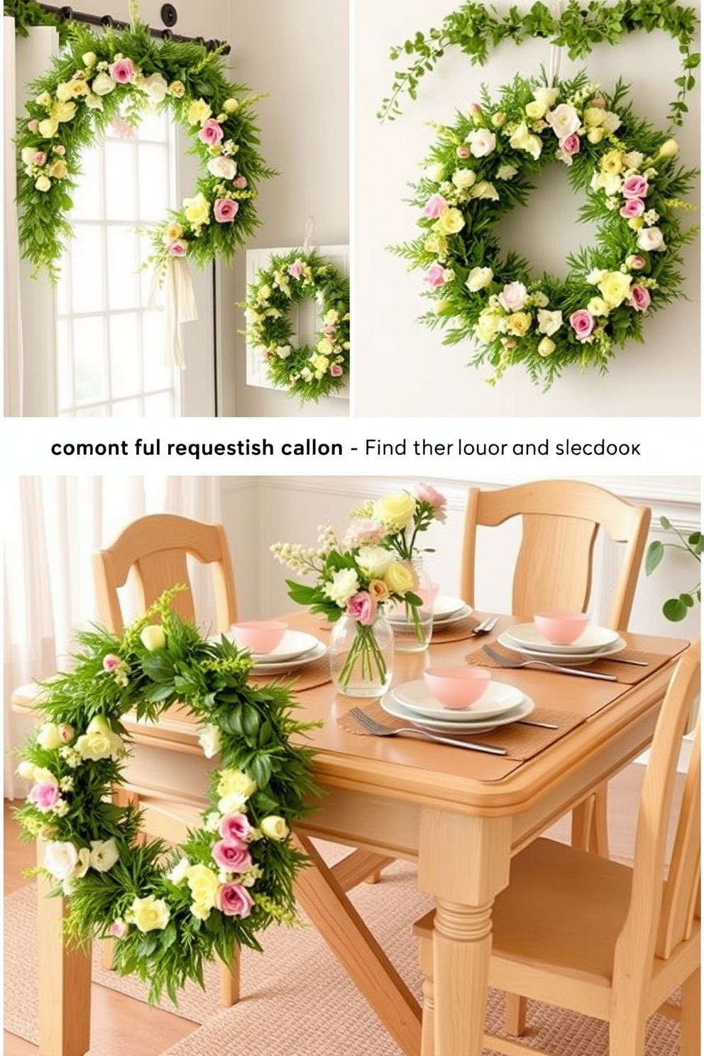 A collection of vibrant spring wreaths adorned with fresh flowers and greenery, designed for both door and table decor. These wreaths feature pastel colors and seasonal blooms, creating a cheerful and inviting atmosphere. A beautifully set spring dining room featuring a light wooden table with a floral centerpiece and pastel-colored tableware. The room is decorated with soft curtains and accents of greenery, evoking a sense of warmth and renewal.