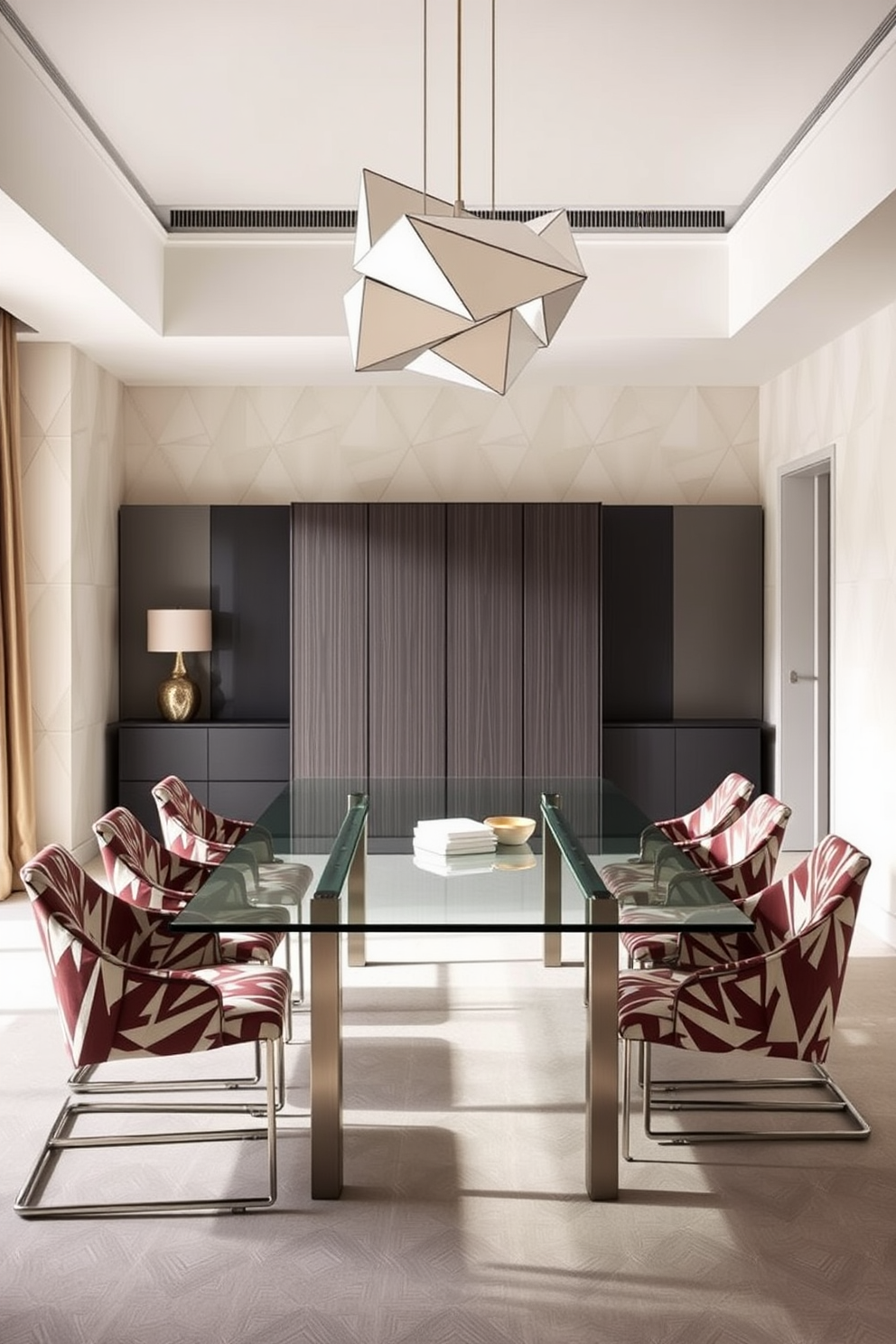 A modern dining room featuring a large rectangular table with a glass top and sleek metal legs. The chairs are upholstered in a bold geometric fabric, creating a striking contrast against the minimalist decor. The walls are adorned with geometric wallpaper in soft pastel colors, adding a playful yet sophisticated touch. A statement light fixture with angular shapes hangs above the table, casting interesting shadows across the room.