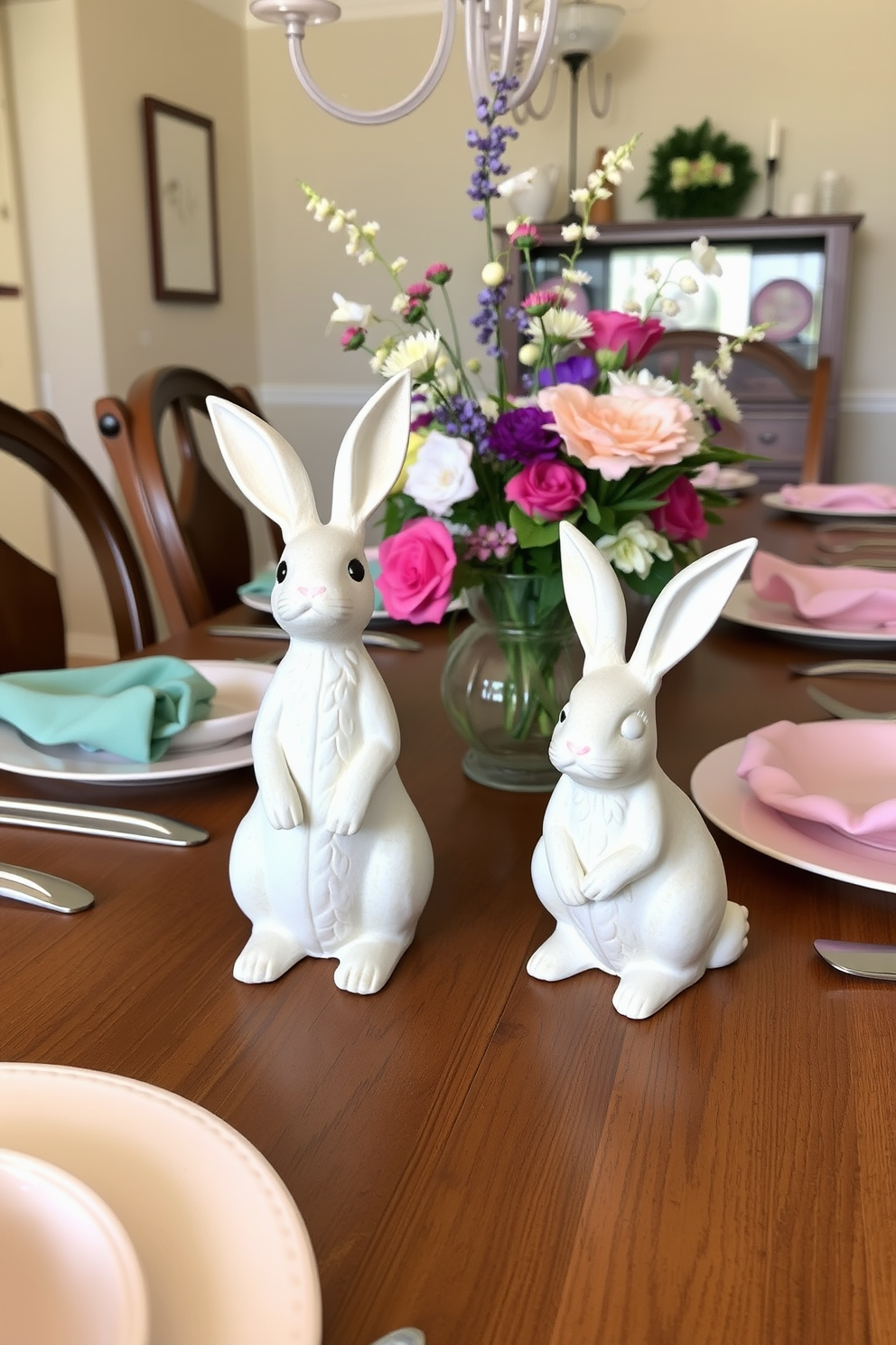 A charming dining room setting featuring a large wooden table surrounded by upholstered chairs in soft pastel colors. The table is adorned with an array of pastel candles in varying heights, casting a warm and inviting glow throughout the space. Delicate floral arrangements in light tones are placed at the center of the table, enhancing the spring theme. Light curtains drape elegantly over the windows, allowing natural light to fill the room and create a cheerful ambiance.