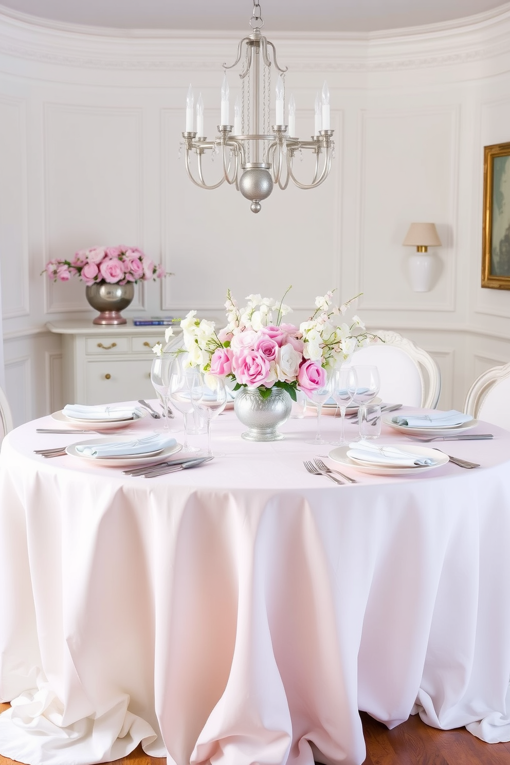 A spring dining room is adorned with pastel table linens that exude soft elegance. The table is set with delicate floral arrangements and light-colored dishware, creating a serene and inviting atmosphere.