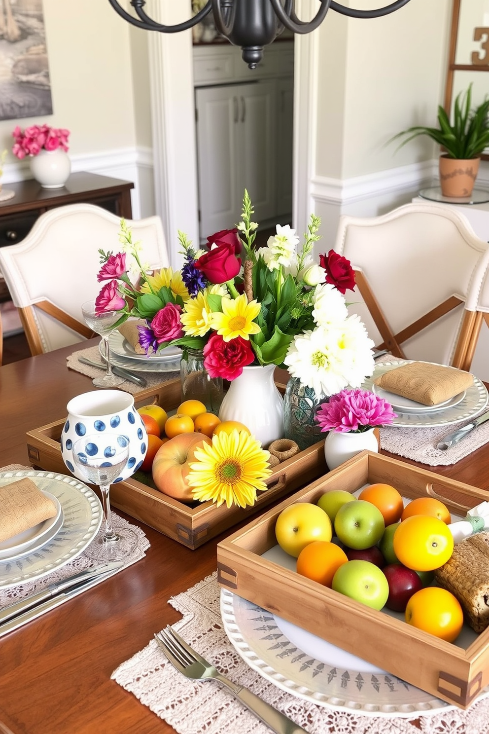 A beautifully arranged dining table featuring decorative trays that enhance organization and style. The trays are filled with seasonal elements like fresh flowers and vibrant fruits, creating a lively spring atmosphere.