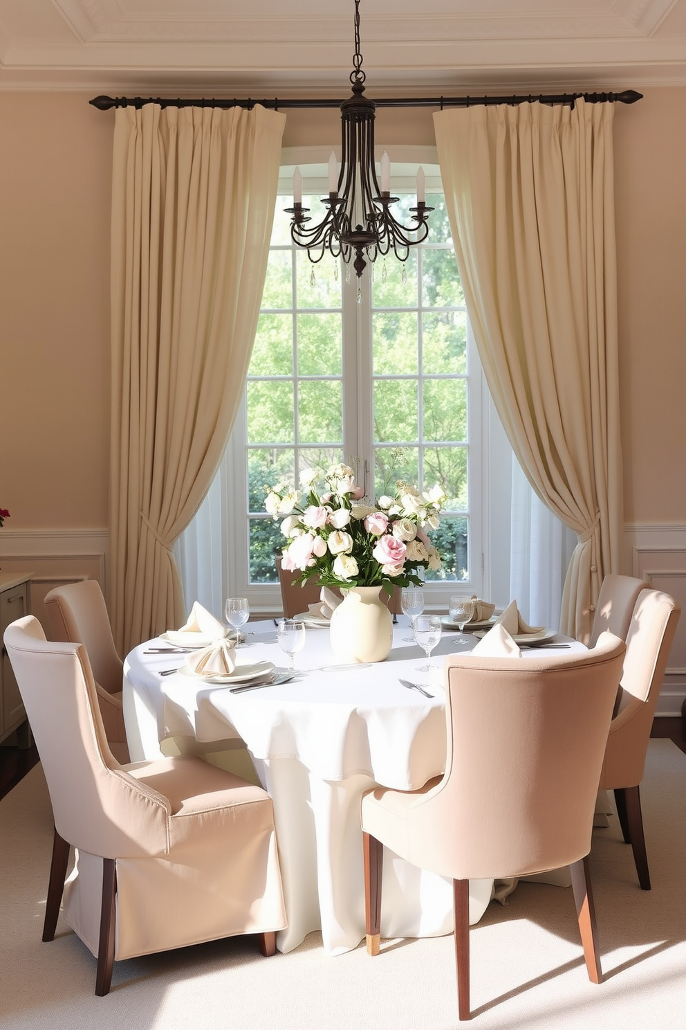 A serene dining room setting with light pastel colors creating a calming atmosphere. The table is set with delicate china and soft linen napkins, surrounded by upholstered chairs in muted tones. A large window allows natural light to flood the space, adorned with sheer curtains that flutter gently. Fresh flowers in a pastel vase are the centerpiece, complementing the soft hues of the room.