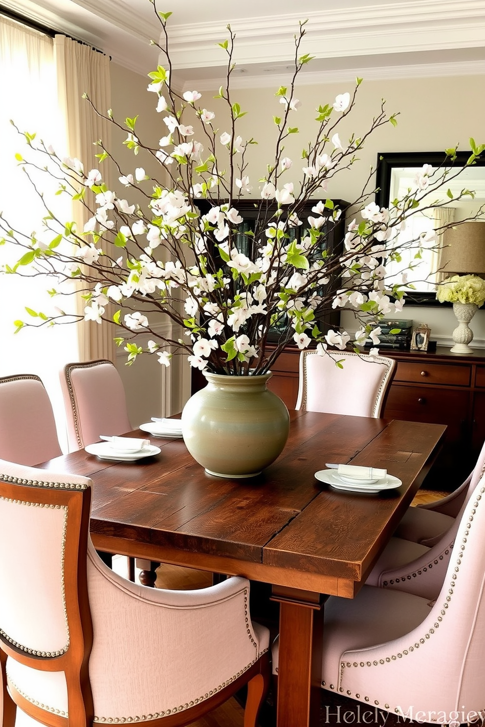 Artistic centerpieces featuring seasonal branches create a vibrant focal point for the dining room. A rustic wooden table is adorned with a large ceramic vase filled with blooming cherry blossoms and delicate green leaves. Surrounding the table, elegant upholstered chairs in soft pastel hues invite guests to gather and enjoy the spring ambiance. The room is illuminated by natural light streaming through sheer curtains, enhancing the fresh and airy atmosphere.