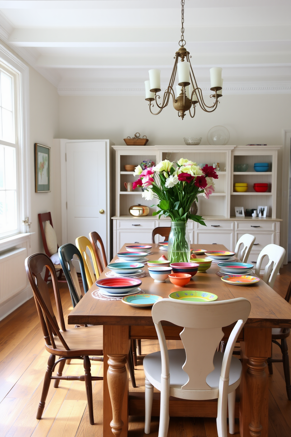 A bright and airy dining room features a large wooden table set with an array of hand-painted dishes in vibrant colors. Surrounding the table are mismatched chairs that add character, while fresh flowers in a vase bring a touch of spring to the space.