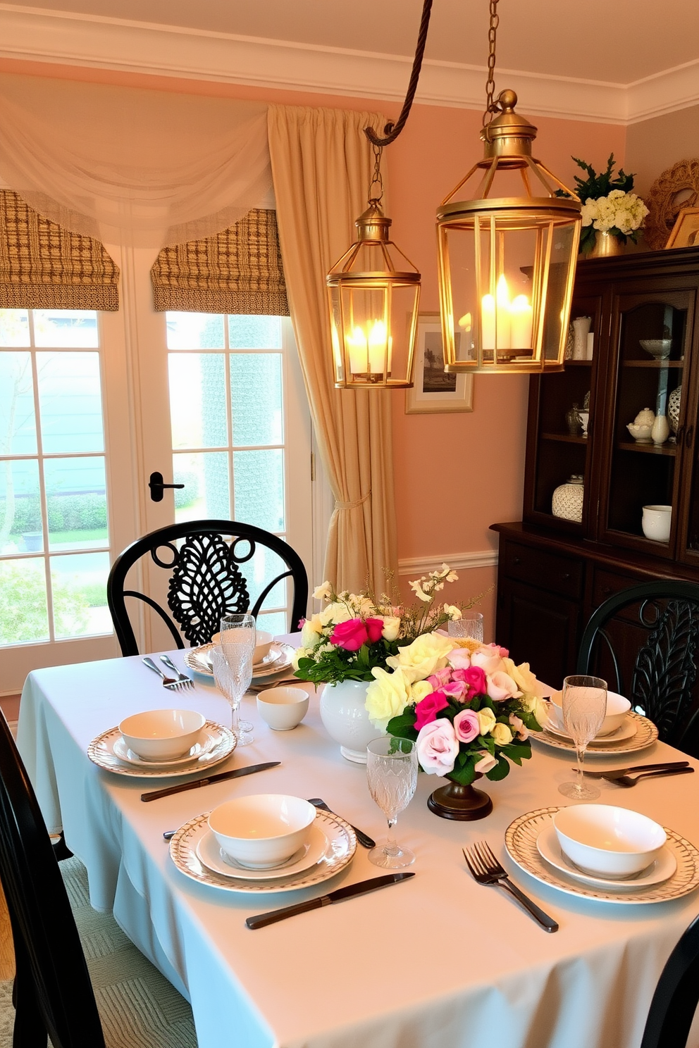 A cozy dining room setting adorned with elegant tabletop lanterns that cast a warm glow. The table is beautifully set with pastel-colored dinnerware and fresh flowers, creating a charming spring atmosphere.