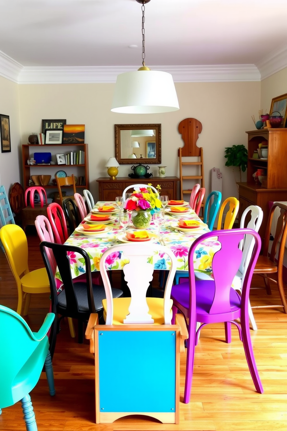 A vibrant dining room filled with an eclectic mix of chairs in various styles and colors. The table is set with a cheerful floral tablecloth and vibrant dinnerware, creating a lively atmosphere perfect for spring gatherings.