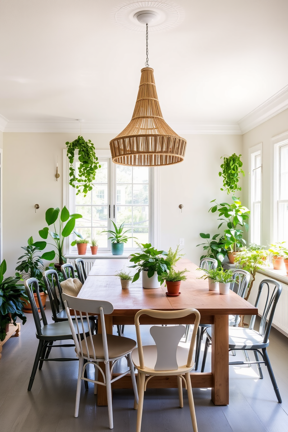 A bright and airy dining room filled with fresh greenery to create a natural feel. A large wooden dining table is surrounded by mismatched chairs, and potted plants are placed on the table and windowsills. The walls are painted in a soft pastel color, complementing the vibrant greens of the plants. A statement chandelier made of natural materials hangs above the table, adding warmth and charm to the space.