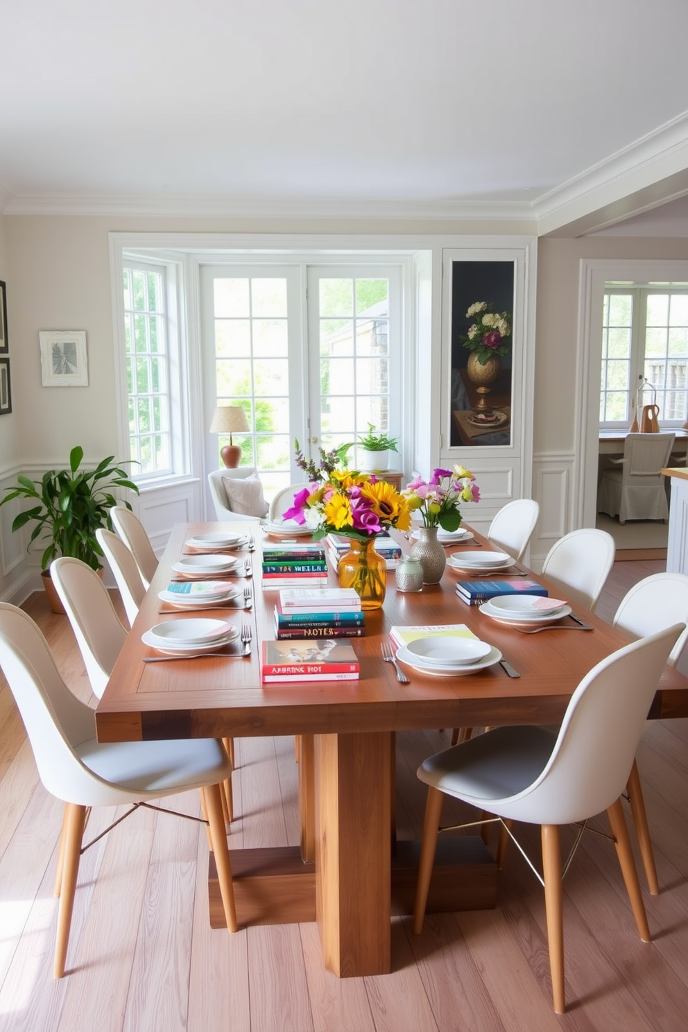 A stylish dining room featuring a large wooden table set for a spring gathering. The table is adorned with an array of colorful tabletop books that serve as conversation starters, alongside fresh flowers in a vibrant vase. The walls are painted in a soft pastel hue, complementing the light-colored dining chairs. Natural light floods the space through large windows, enhancing the cheerful and inviting atmosphere of the room.