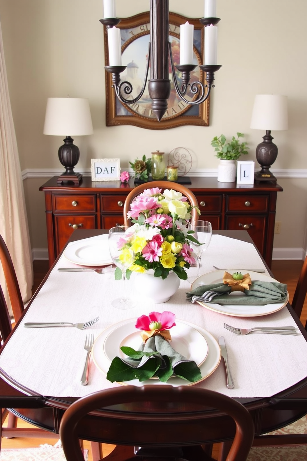 Create a charming spring dining room setting featuring a beautifully set table adorned with seasonal napkin rings that add a festive touch. The table is surrounded by elegant chairs, and a centerpiece of fresh flowers complements the vibrant colors of the napkin rings.