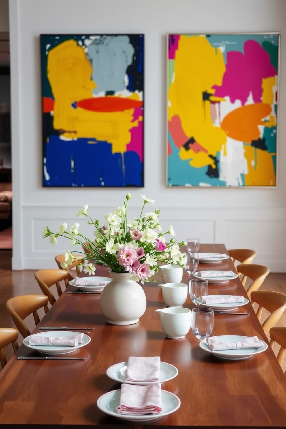 Bright artwork to uplift the space. The walls are adorned with large, colorful abstract paintings that add vibrancy and energy to the room. A long wooden dining table is set for a spring gathering. Fresh flowers in a ceramic vase and pastel-colored tableware create a cheerful and inviting atmosphere.