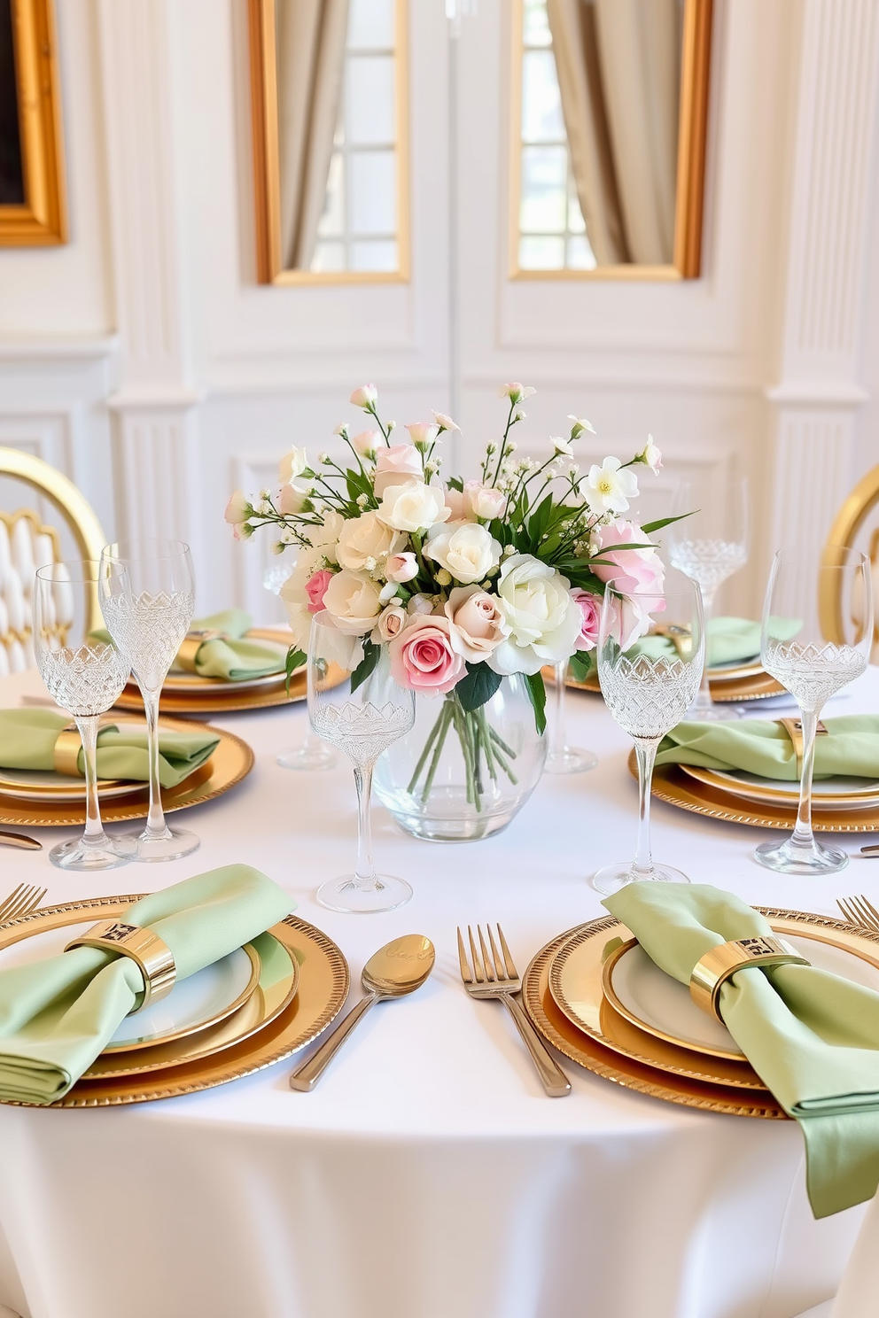 Chic table settings with gold accents create an elegant atmosphere for any dining experience. The table is adorned with a crisp white tablecloth and gold-rimmed dinnerware, complemented by sparkling crystal glassware. Fresh spring flowers in pastel hues are arranged in a stylish vase at the center of the table. Soft green napkins with gold napkin rings add a touch of sophistication to the overall decor.