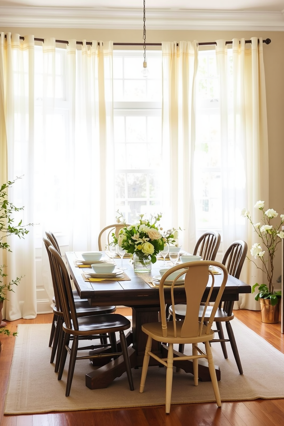 Lightweight curtains gently frame the windows, allowing soft natural light to filter through and create an airy atmosphere. The dining room features a rustic wooden table surrounded by mismatched chairs, adorned with a fresh floral centerpiece and pastel-colored tableware. Delicate greenery and seasonal blooms are placed strategically around the room to enhance the spring theme. The walls are painted in a soft cream hue, complementing the lightness of the curtains and the overall cheerful decor.