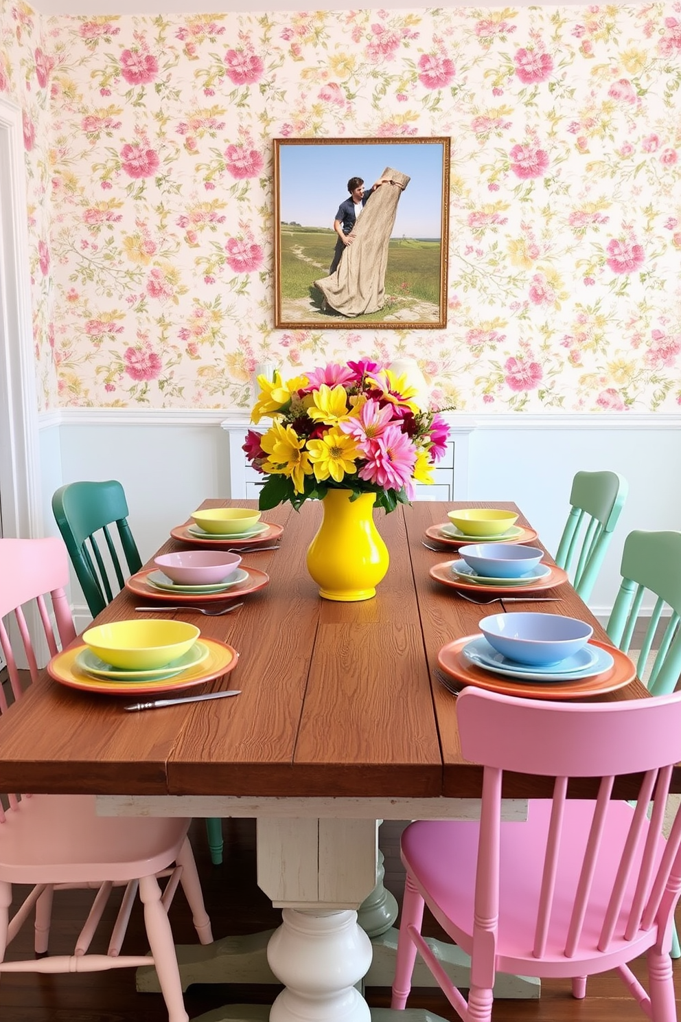 Brightly colored dinnerware arranged on a rustic wooden table creates a vibrant and inviting dining atmosphere. Surrounding the table are mismatched chairs in pastel hues, enhancing the cheerful ambiance of the spring-themed dining room. The walls are adorned with floral wallpaper in soft shades of pink and yellow, complementing the colorful dinnerware. A centerpiece of fresh flowers in a bright ceramic vase adds a lively touch to the overall decor.