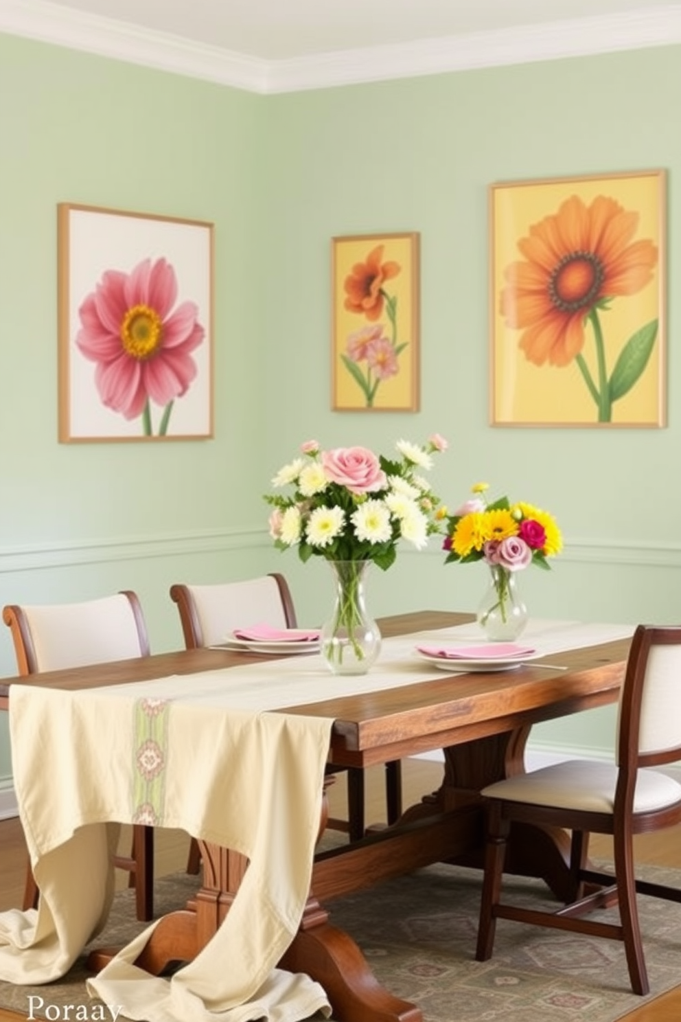 Spring themed wall art for seasonal flair. Bright floral prints in vibrant colors adorn the walls, creating a cheerful and inviting atmosphere. Spring dining room decorating ideas. A light pastel tablecloth is draped over a rustic wooden table, complemented by fresh flower centerpieces in elegant vases.