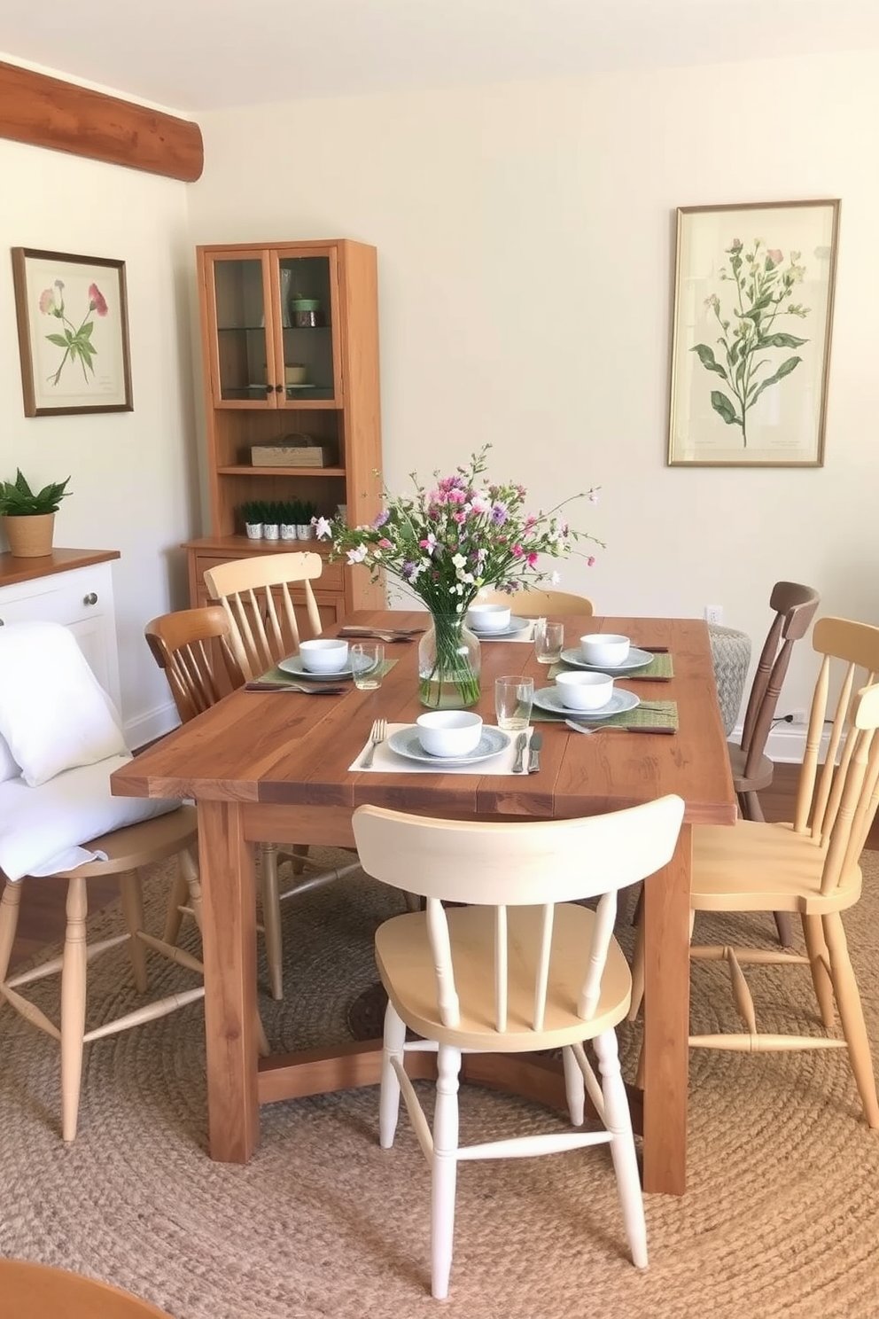 A natural wood table sits at the center of a rustic dining room, surrounded by mismatched wooden chairs that enhance the cozy atmosphere. Soft, pastel-colored tableware is elegantly arranged on the table, complemented by a centerpiece of fresh wildflowers in a simple glass vase. The walls are adorned with vintage botanical prints, adding a touch of nature to the decor. A woven jute rug under the table brings warmth and texture to the space, creating an inviting setting for spring gatherings.