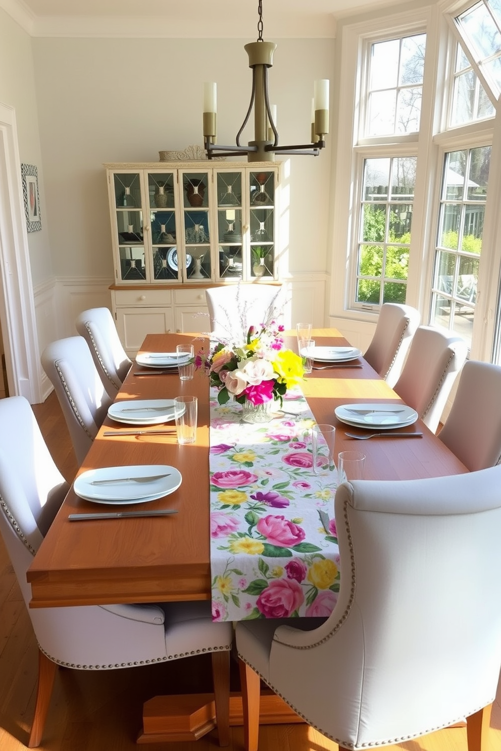 A bright and airy dining room featuring a large wooden table set for a spring gathering. The table is adorned with a vibrant floral table runner that adds a pop of color and freshness to the space. Surrounding the table are elegant upholstered chairs in soft pastel hues. Natural light streams in through large windows, enhancing the cheerful atmosphere and highlighting the floral centerpiece.