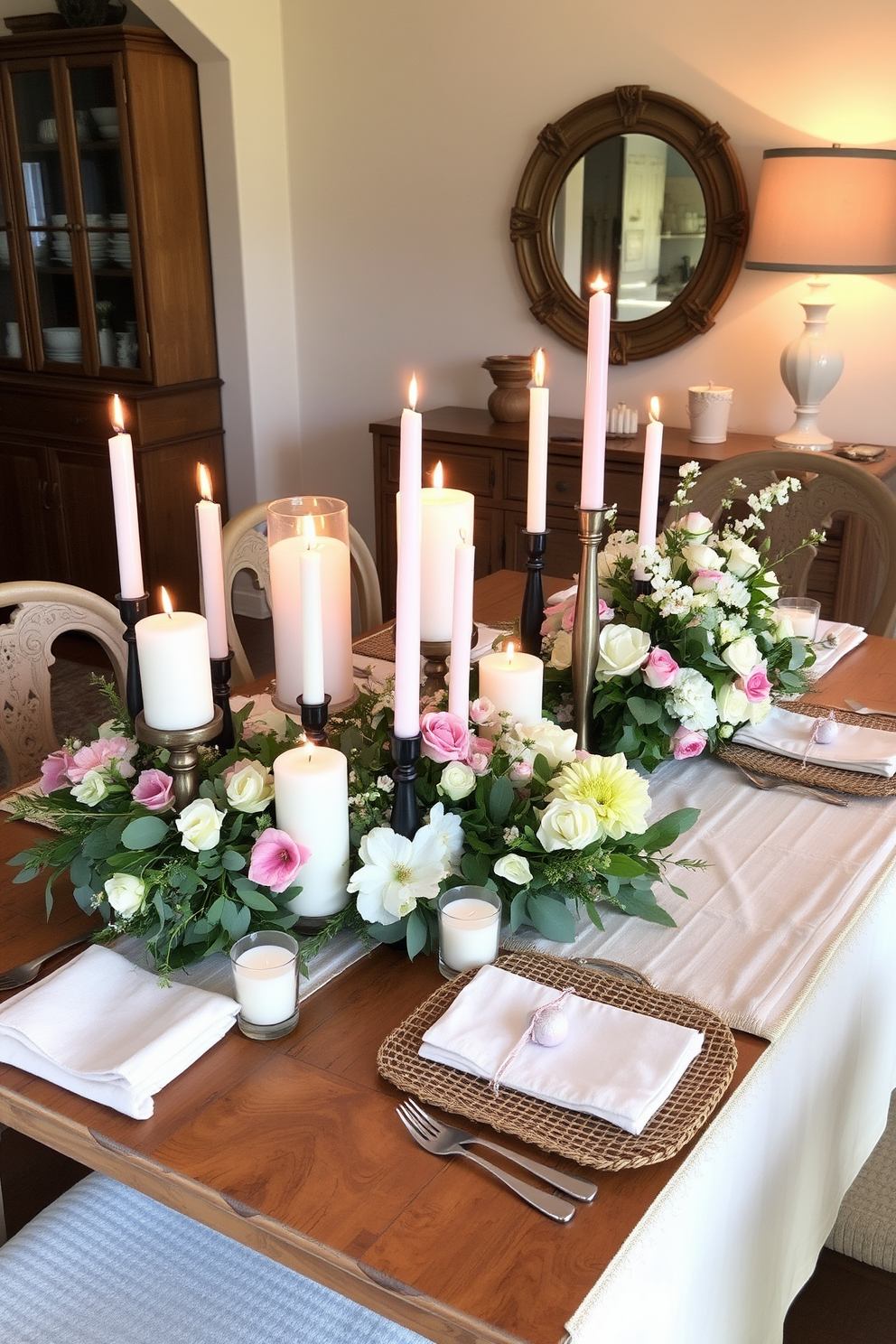 Candle arrangements create a warm and inviting atmosphere in any space. A collection of assorted candles in varying heights is placed on a rustic wooden table, surrounded by fresh flowers and greenery. For a spring dining room, soft pastel colors are highlighted throughout the decor. A light linen tablecloth drapes over the table, adorned with delicate floral centerpieces and woven placemats.