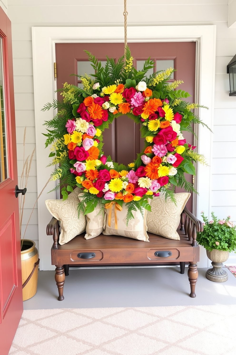 A bright and inviting entryway adorned with fresh flowers in vibrant vases. The space features a rustic wooden console table topped with an array of colorful blooms, welcoming guests with a burst of springtime energy.