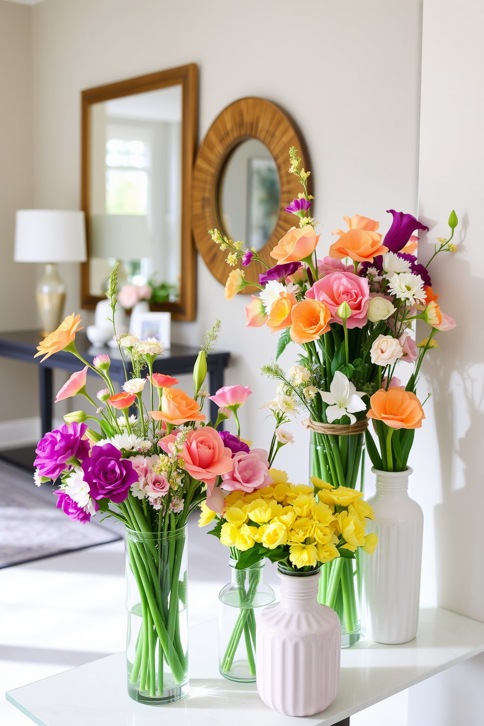 Fresh flowers in stylish vases create a vibrant and inviting atmosphere in the entryway. Use a mix of colorful blooms in varying heights to add visual interest and charm to the space. Incorporate decorative elements such as a sleek console table and a large mirror to enhance the entryway's appeal. Pair the flowers with seasonal accents like pastel-colored decor or soft lighting for a cohesive spring theme.