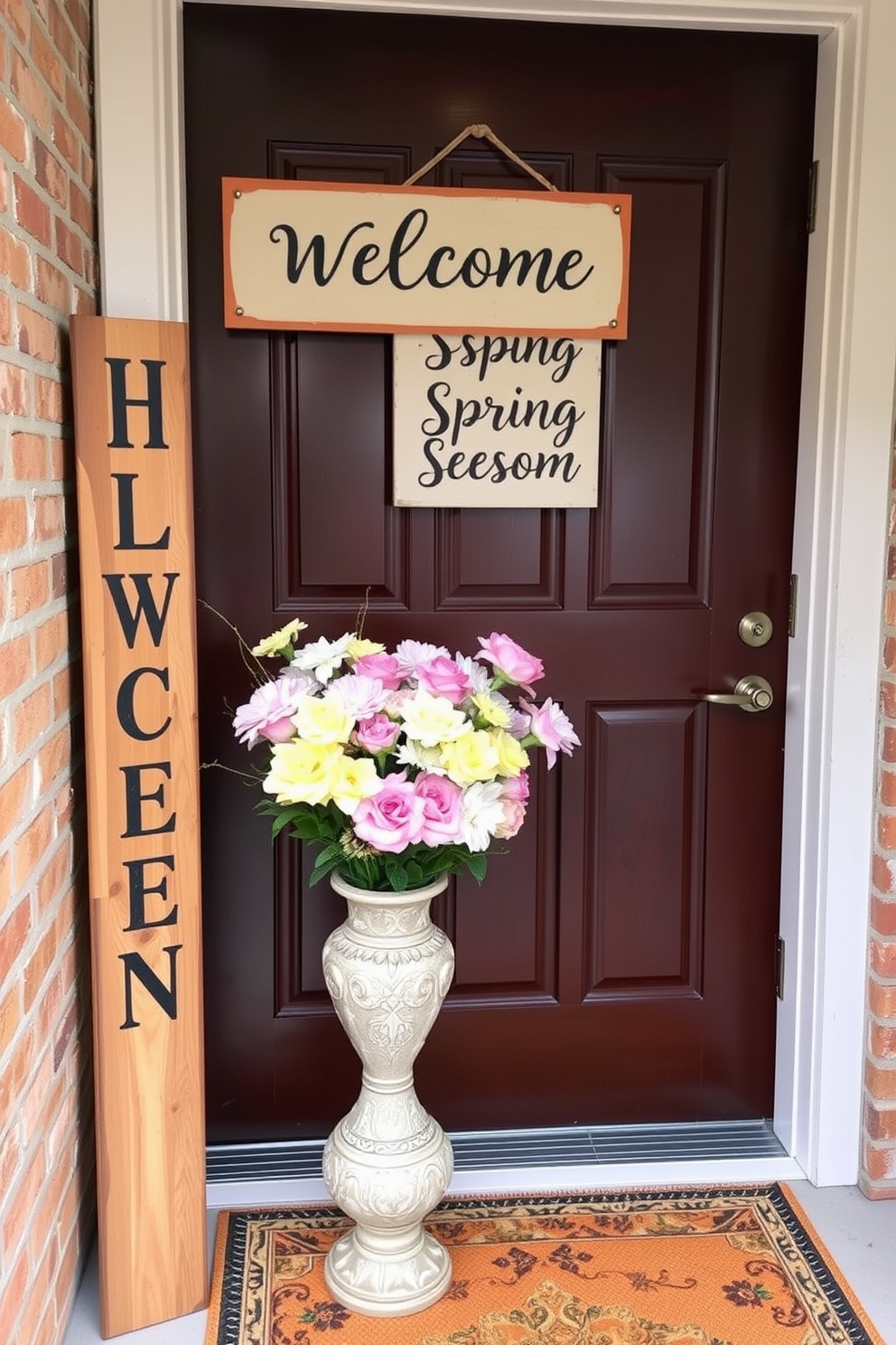 A charming entryway adorned for spring features a seasonal greeting sign that welcomes guests with a cheerful message. Fresh flowers in pastel hues are arranged in a decorative vase, creating a vibrant focal point beside the door.