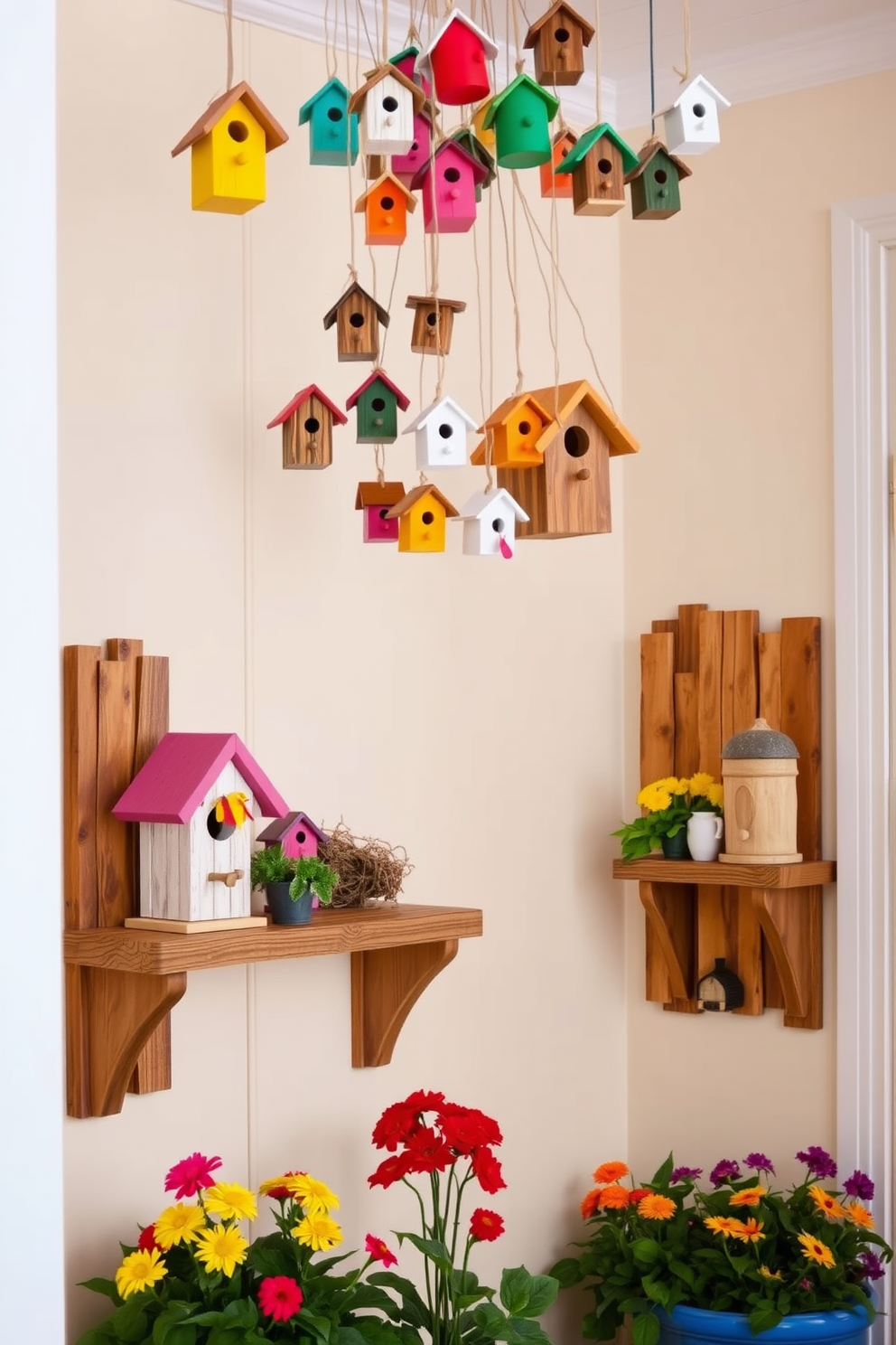 Charming birdhouses are strategically placed on rustic wooden shelves, adding a whimsical touch to the entryway. The walls are adorned with soft pastel colors, creating a warm and inviting atmosphere. A collection of colorful birdhouses hangs from the ceiling, drawing the eye upward and enhancing the playful theme. Fresh flowers in vibrant pots are positioned near the entrance, complementing the cheerful decor.