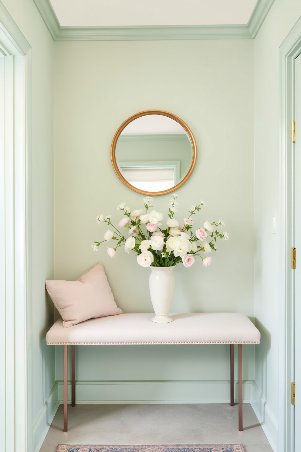 A charming entryway adorned with soft pastel colors creates a welcoming atmosphere. The walls are painted in a pale mint green, complemented by a light blush pink bench with plush cushions. A large round mirror with a delicate gold frame hangs above a narrow console table. Fresh flowers in pastel hues are arranged in a ceramic vase, adding a touch of spring to the space.