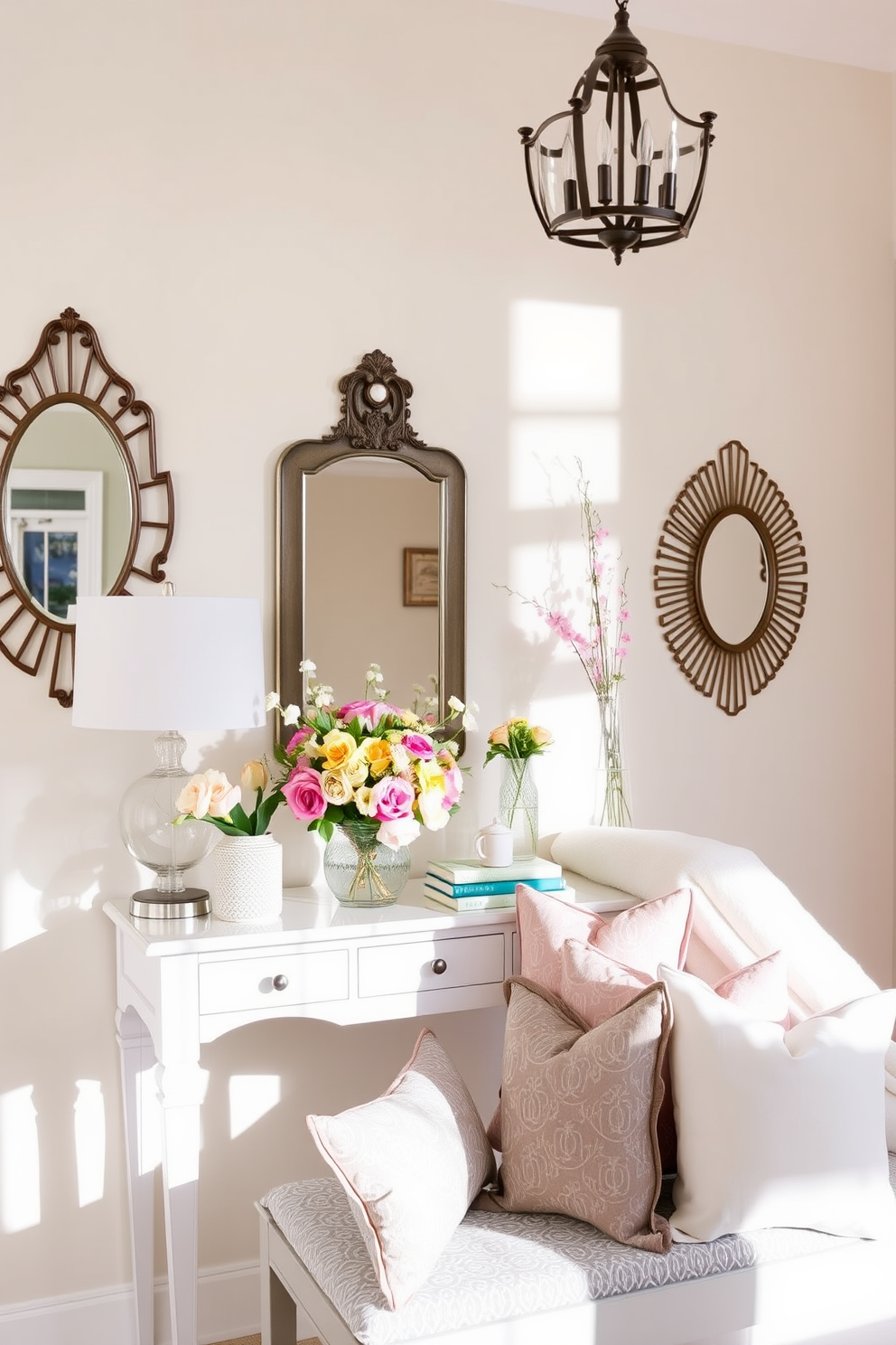 A vibrant entryway filled with the charm of spring. Adorn the space with bunny figurines placed on a console table, surrounded by fresh flowers in pastel hues. The walls are painted a soft yellow to evoke warmth and cheer. A woven basket sits by the door, filled with colorful throw blankets for a cozy touch.