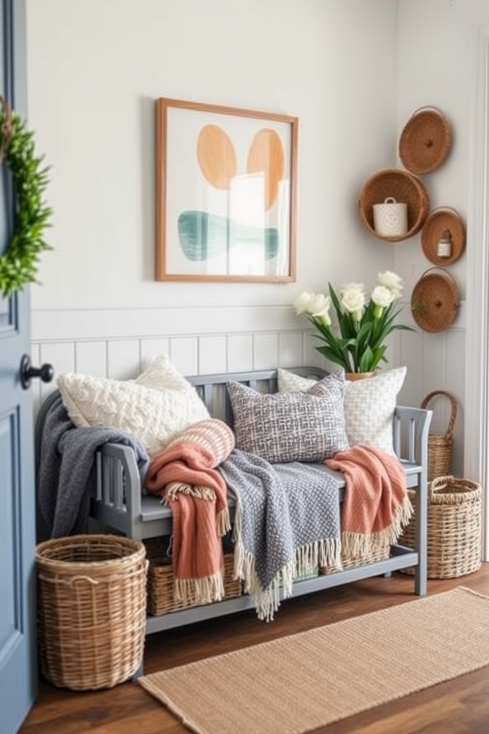 Colorful ceramic planters filled with vibrant flowers create a cheerful atmosphere in the entryway. The planters are arranged on a rustic wooden bench, surrounded by fresh greenery and soft natural light streaming through the doorway.