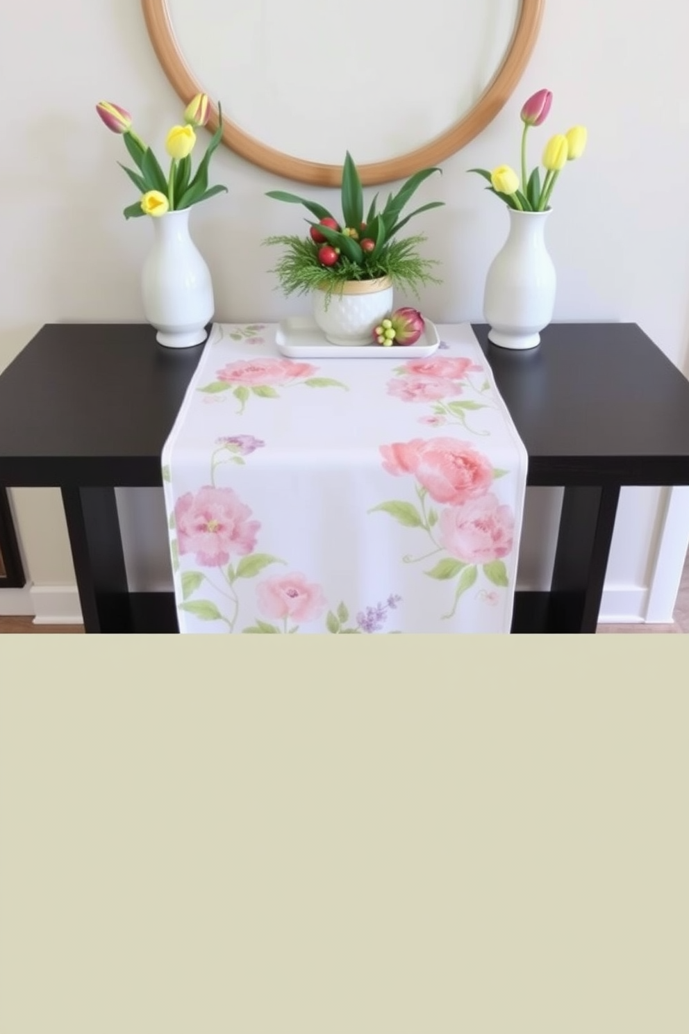 A spring-themed table runner is elegantly draped across a sleek console table. The runner features vibrant floral patterns in pastel colors, complementing the fresh atmosphere of the entryway. Decorative elements such as a pair of ceramic vases filled with tulips flank the runner. A subtle arrangement of greenery and seasonal accents adds a touch of warmth and welcoming charm to the space.