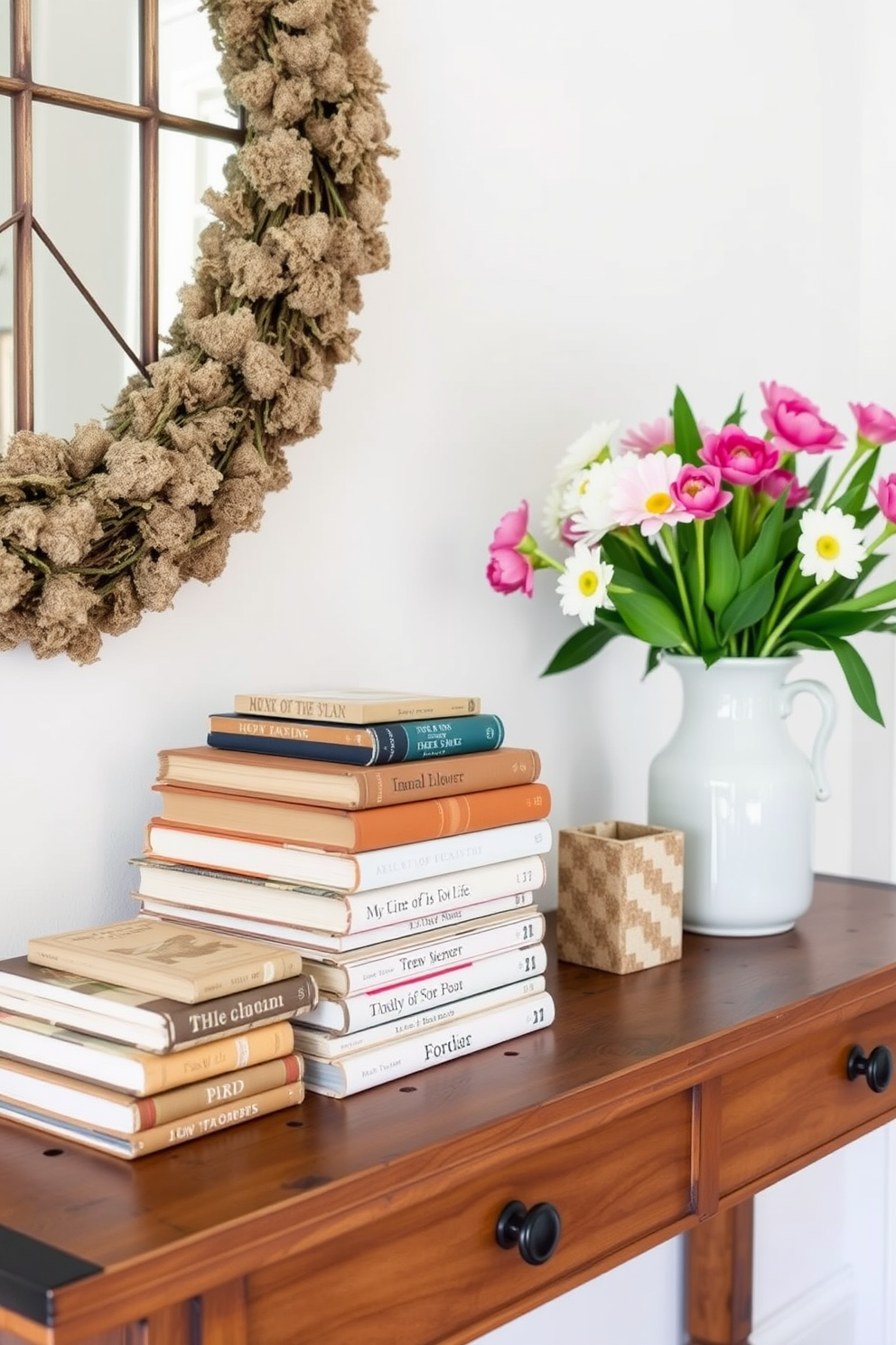 A charming spring entryway features vintage books stacked on a rustic wooden console table, adding character and warmth to the space. Fresh flowers in a ceramic vase are placed beside the books, creating an inviting and cheerful atmosphere.