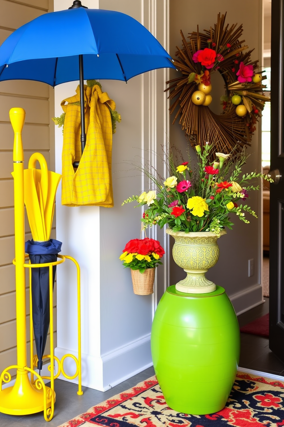 A charming entryway features a wooden bench that serves both seating and storage purposes. The bench is adorned with colorful cushions and positioned against a wall painted in soft pastel hues, creating a welcoming atmosphere. To enhance the spring theme, vibrant potted plants are placed on either side of the bench. Above the bench, a decorative mirror reflects natural light, while a cheerful wreath made of fresh flowers hangs nearby.