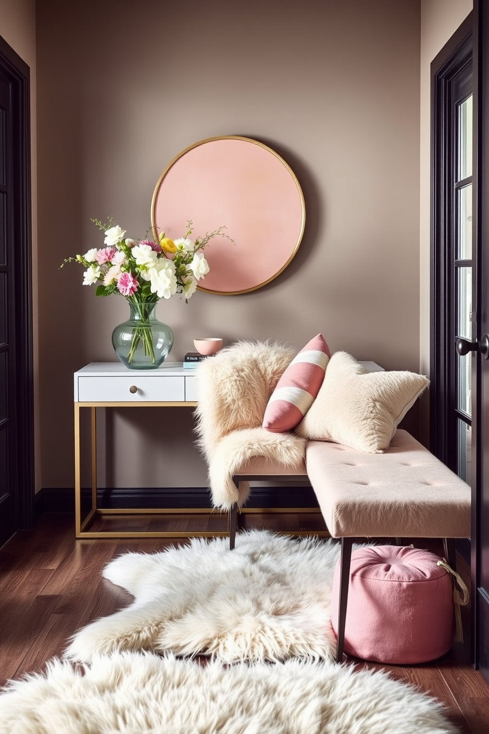 A charming welcome sign adorned with vibrant spring motifs greets guests at the entryway. Surrounding the sign are potted flowers in pastel colors and a cheerful wreath made of fresh greenery and blossoms. The entryway features a light wooden bench paired with colorful cushions that reflect the spring theme. A small table beside the bench displays a collection of decorative eggs and a fragrant candle, creating a warm and inviting atmosphere.