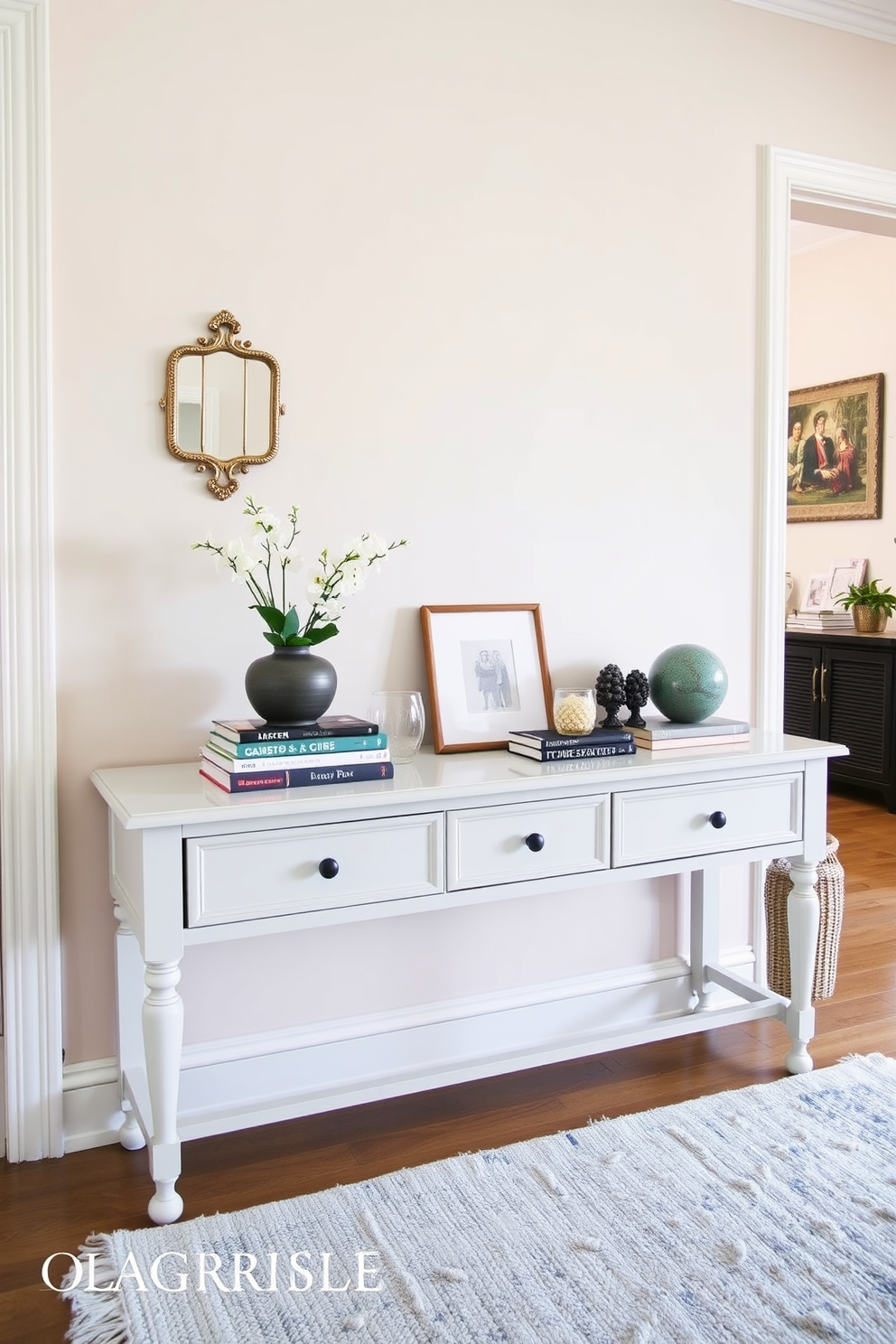 A pastel colored welcome mat is placed at the entrance, adding a soft touch to the space. Flanking the mat are potted plants with vibrant blooms, creating a cheerful and inviting atmosphere. The walls are adorned with light, airy artwork that complements the pastel theme. A small console table near the entrance holds decorative items and a fresh bouquet, enhancing the spring decor.