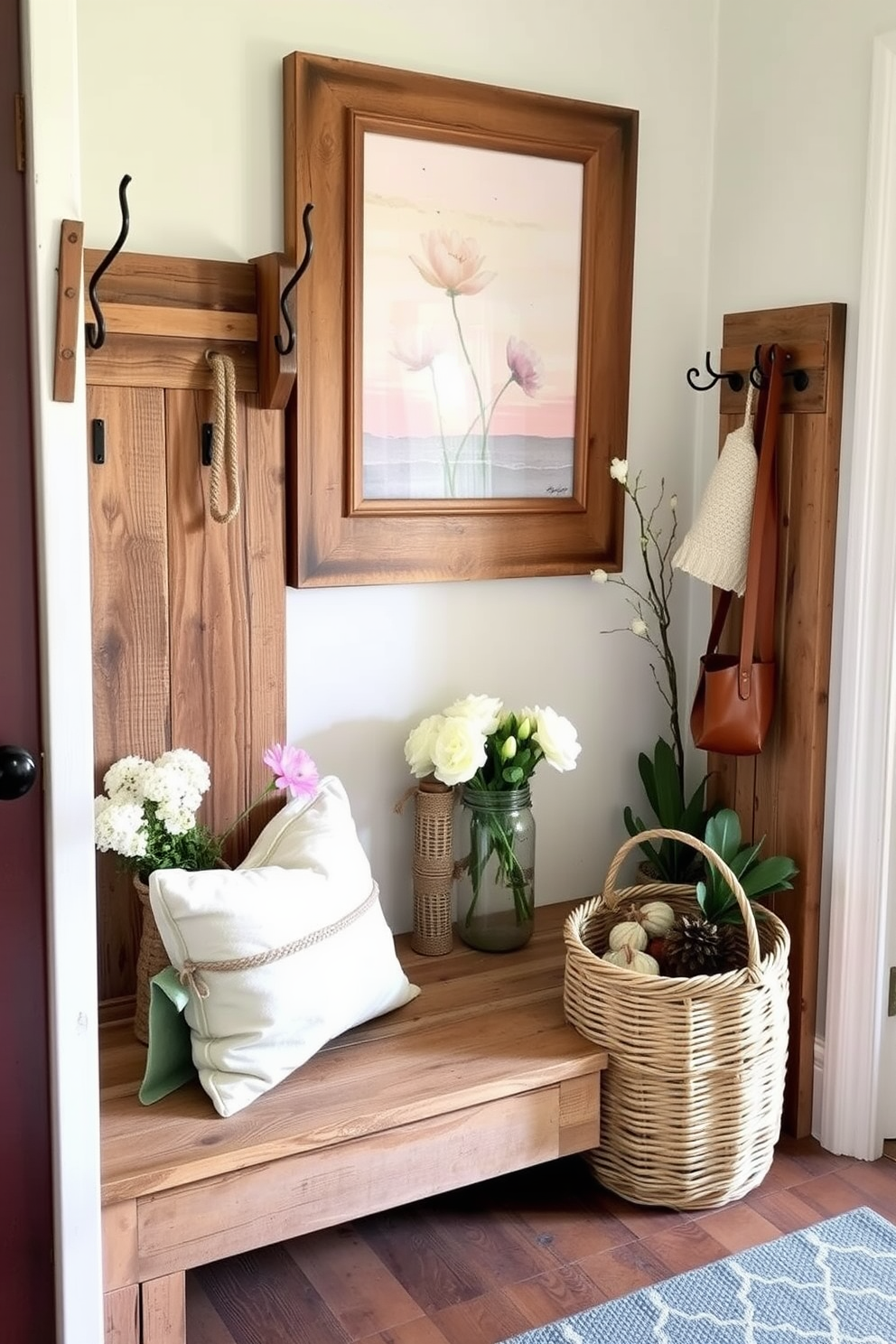 A charming entryway adorned with rustic wooden elements that exude warmth and coziness. The space features a reclaimed wood bench with plush cushions, complemented by a vintage coat rack made from distressed timber. Bright spring decor enhances the atmosphere with fresh flowers in a mason jar placed on the bench. Soft pastel colors in the wall art and a woven basket filled with seasonal accessories complete the inviting look.