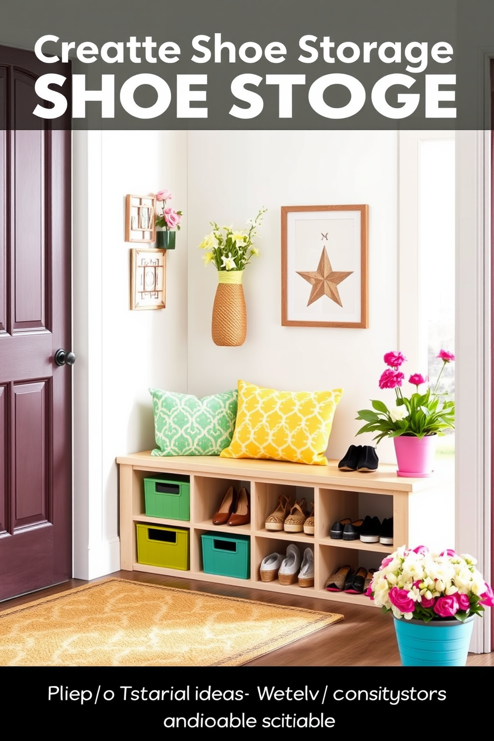 Creative shoe storage solutions displayed in a bright and airy entryway. The space features a stylish wooden bench with built-in cubbies for shoes, accented by colorful storage baskets for organization. Spring entryway decorating ideas include fresh floral arrangements in vibrant pots and a cheerful welcome mat. Soft pastel colors adorn the walls, creating a warm and inviting atmosphere for guests.