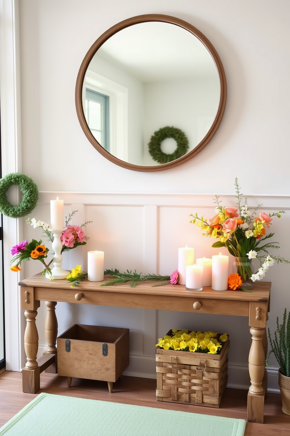 Decorative trays in a bright and airy entryway create a welcoming atmosphere. The trays are made of natural wood and are adorned with small potted plants, candles, and seasonal decor. Spring entryway decorating ideas feature pastel colors and floral accents. A cheerful wreath made of fresh flowers hangs on the door, while a soft rug with a botanical pattern lies beneath a stylish console table.