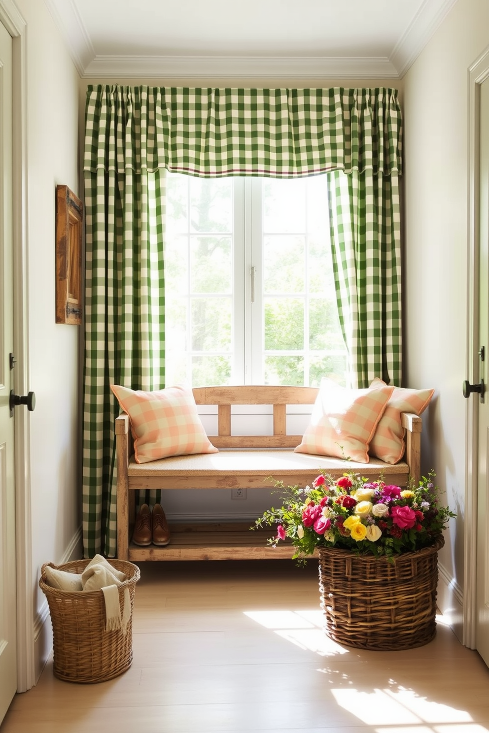 A charming spring entryway features gingham-patterned curtains that softly frame a large window, allowing natural light to fill the space. A rustic wooden bench adorned with colorful cushions sits against the wall, inviting guests to sit and remove their shoes. The walls are painted in a light pastel hue, creating a fresh and airy atmosphere. A woven basket filled with seasonal flowers rests on the floor, adding a touch of nature to the decor.