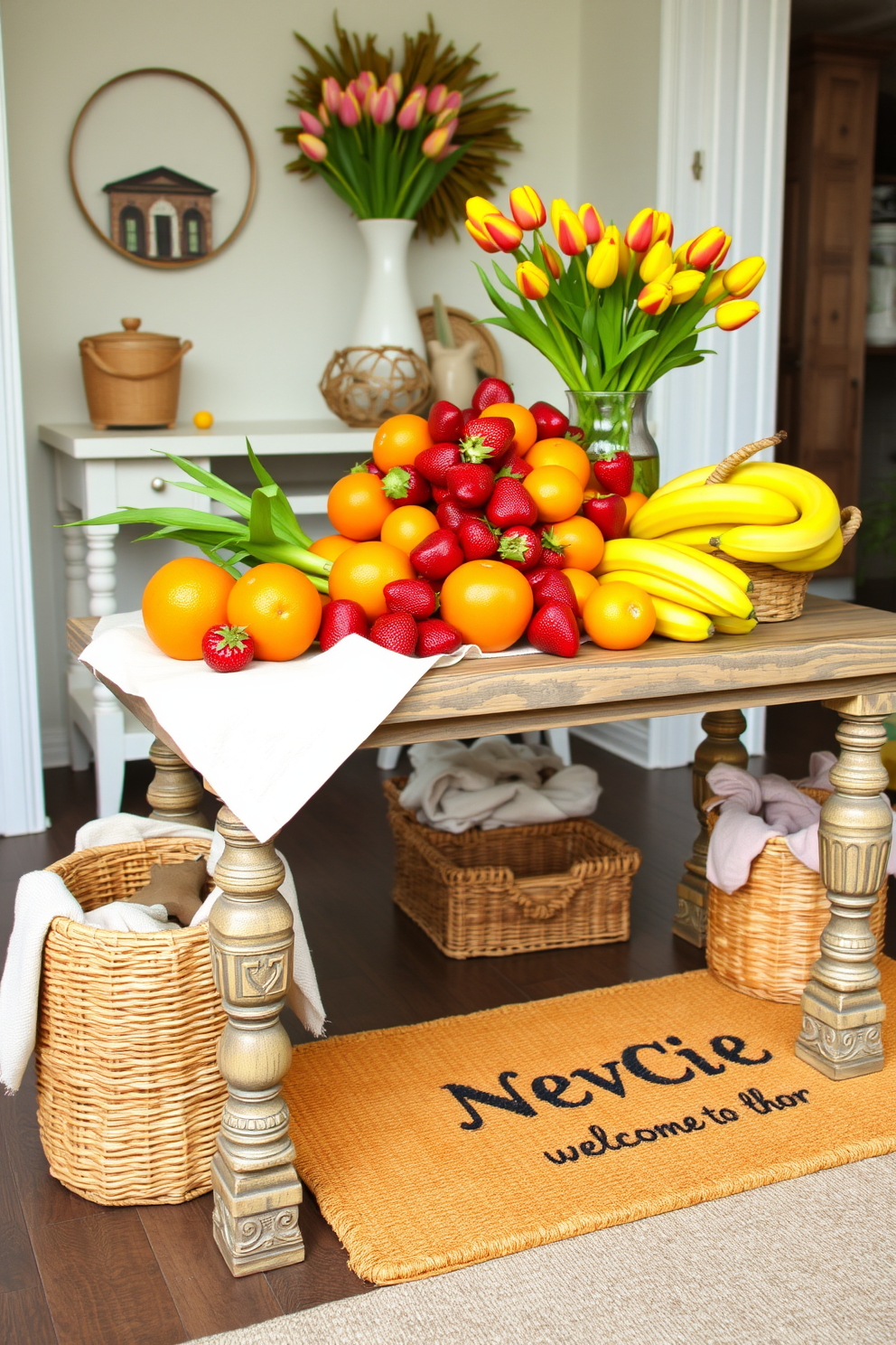 A vibrant display of colorful spring fruits is arranged on a rustic wooden table. Bright oranges, deep red strawberries, and yellow bananas create a cheerful centerpiece that invites warmth and freshness. The entryway is adorned with pastel-colored decor, featuring a stylish console table topped with a vase of blooming tulips. A woven basket holds a collection of light shawls, while a cheerful doormat welcomes guests with its playful design.