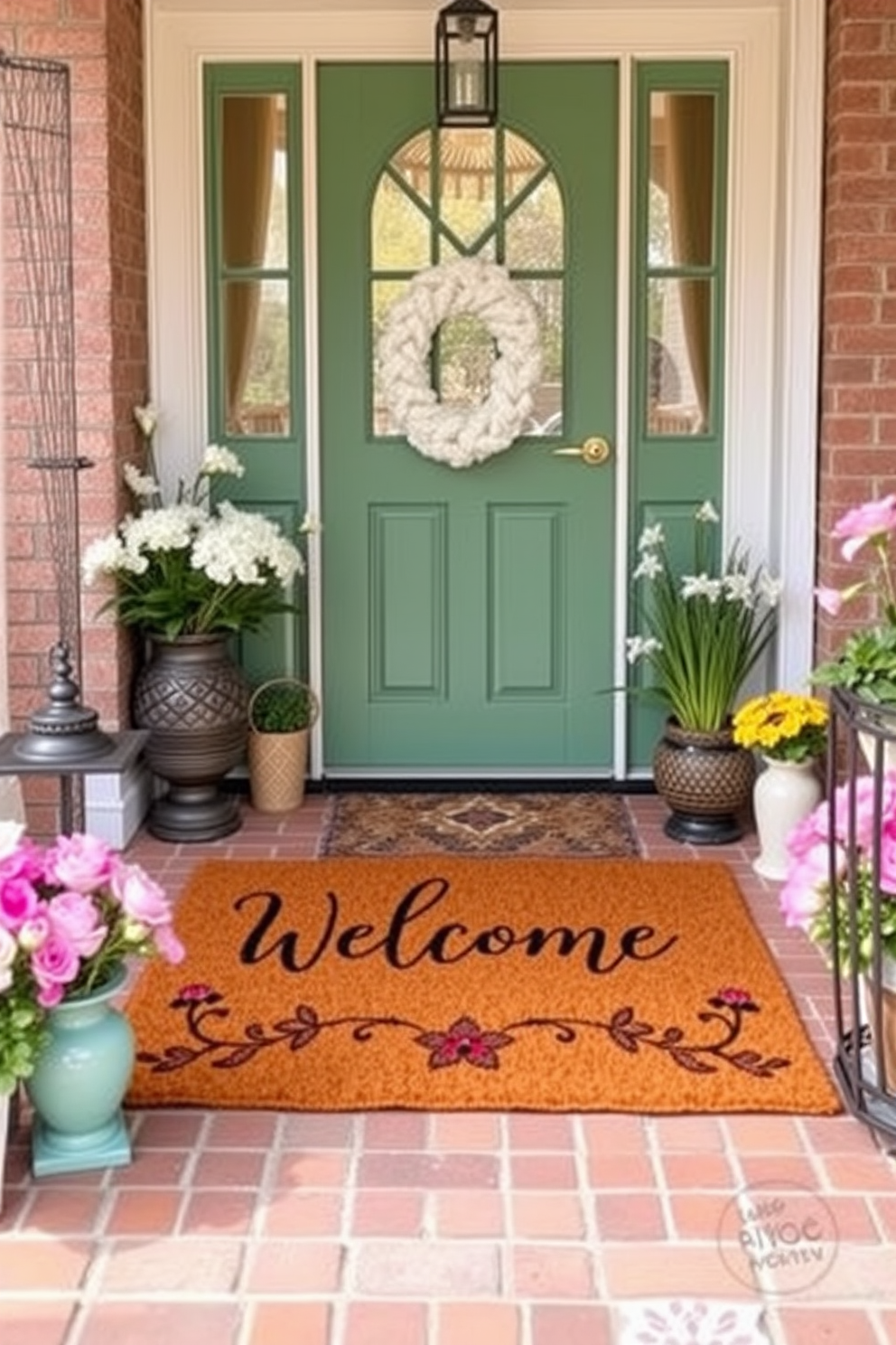 Create a personalized welcome mat that features a unique design reflecting the homeowner's personality. The entryway is adorned with fresh spring decor, including vibrant flowers and pastel-colored accents that invite warmth and cheerfulness.