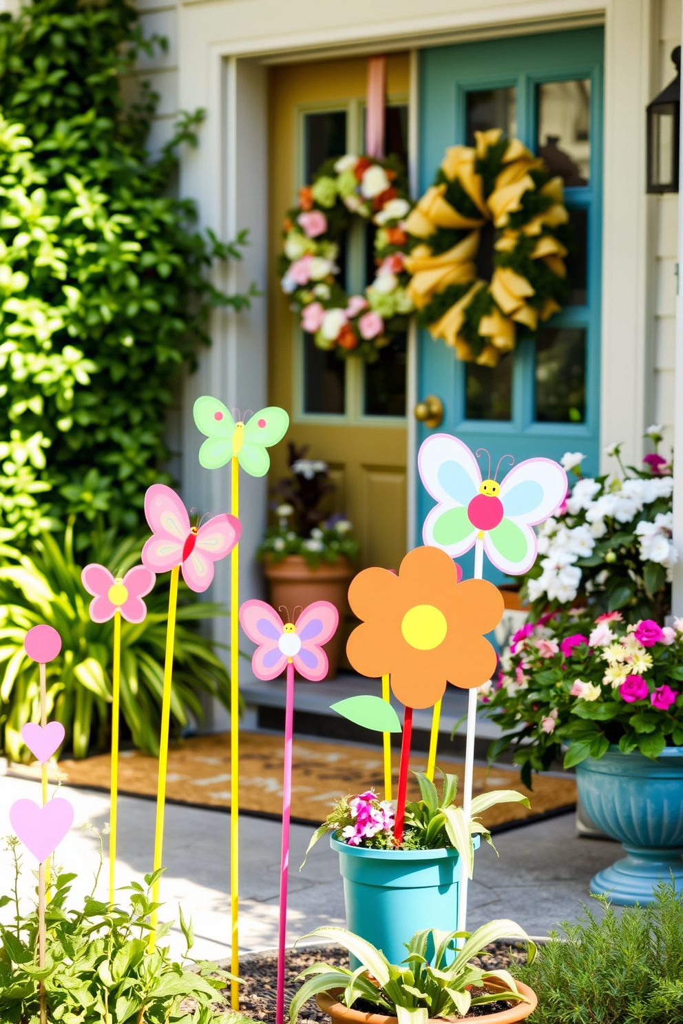 Whimsical garden stakes in vibrant colors and playful designs are scattered throughout a lush green garden. These decorative stakes feature charming shapes like butterflies and flowers, adding a touch of whimsy to the outdoor space. The entryway is adorned with fresh spring decor, including a pastel-colored wreath on the door and a welcome mat with floral patterns. Potted plants with blooming flowers flank the entrance, creating a warm and inviting atmosphere.