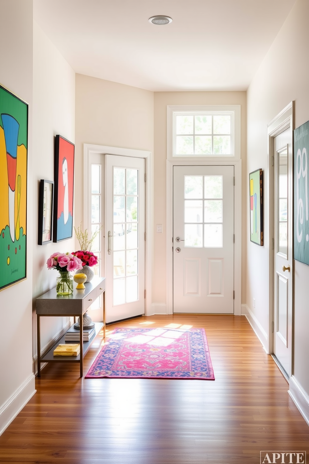 A bright and inviting entryway filled with natural light. Cheerful artwork adorns the walls, featuring vibrant colors and playful themes that instantly uplift the mood. A stylish console table sits against one wall, topped with fresh flowers and decorative objects. The flooring is a warm wood, and a colorful area rug adds a cozy touch to the space.