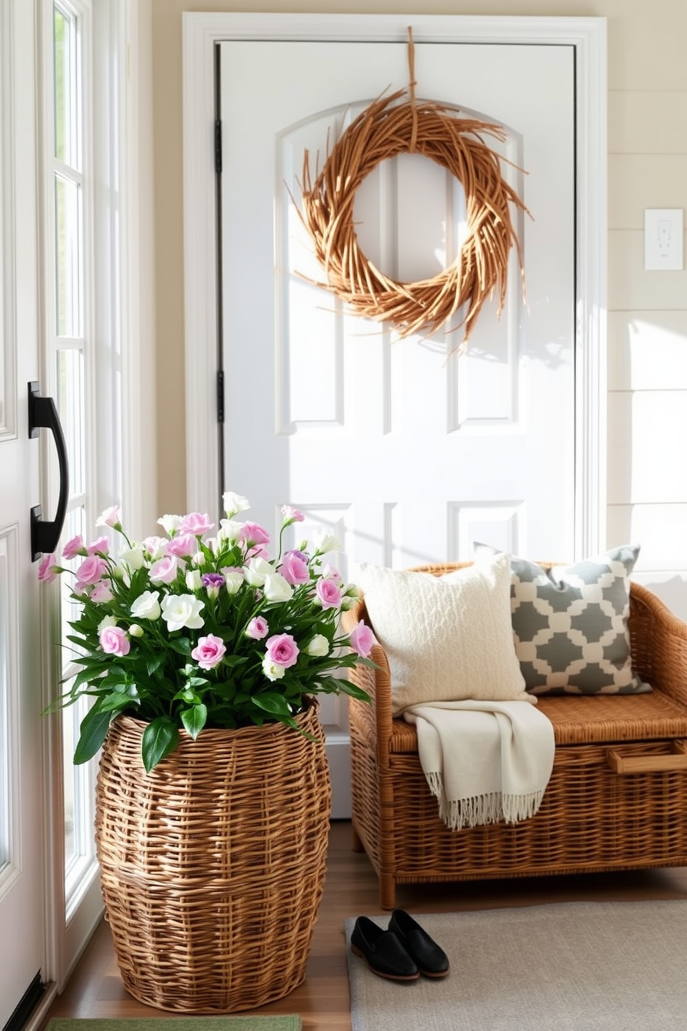 A bright and inviting entryway adorned with wicker elements. A large wicker basket filled with fresh spring flowers sits beside the door, while a wicker bench provides a cozy spot for putting on shoes. The walls are painted in a soft pastel hue, creating a serene backdrop. A cheerful wreath made of woven branches hangs on the door, welcoming guests with a touch of nature.