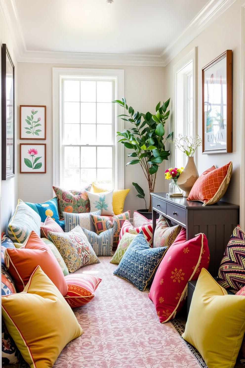 A vibrant entryway filled with an array of colorful cushions featuring various patterns and textures. The walls are adorned with botanical prints, and a stylish console table holds decorative items like a vase of fresh flowers and an abstract sculpture. The floor is covered with a patterned rug that complements the cushion designs. Natural light floods the space through a large window, creating a warm and inviting atmosphere perfect for spring.