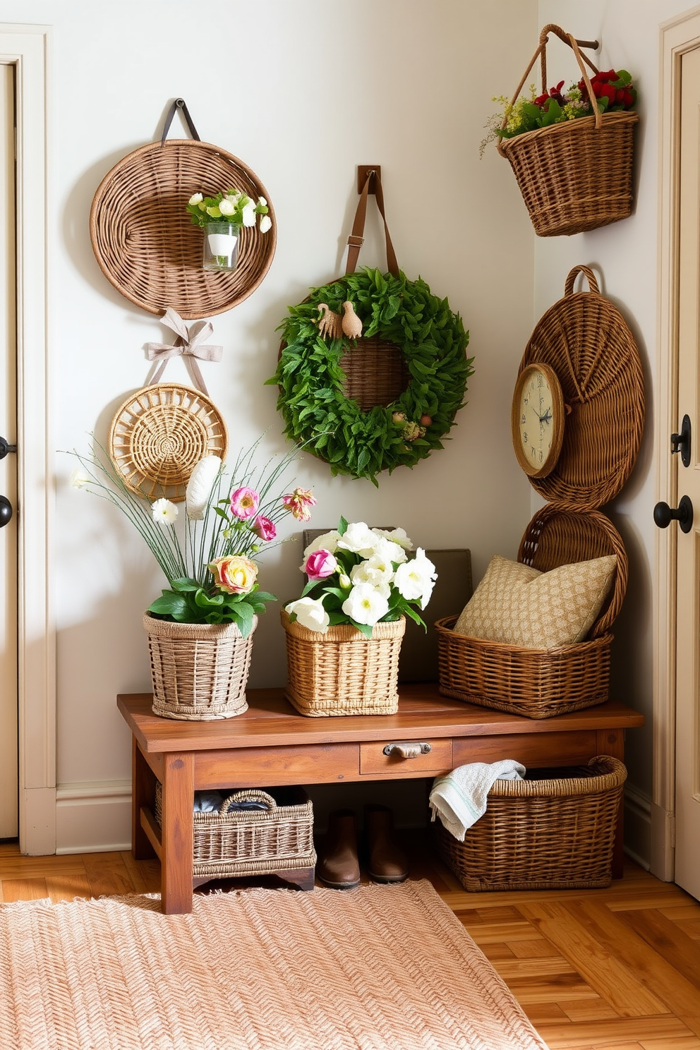 A charming entryway adorned with vintage baskets that serve both storage and decorative purposes. The baskets, crafted from natural fibers, are filled with fresh spring flowers and seasonal decor, adding a pop of color to the space. The walls are painted in a soft pastel hue, creating a warm and inviting atmosphere. A rustic wooden bench sits against the wall, providing a perfect spot for guests to sit while removing shoes, complemented by a woven rug underneath.