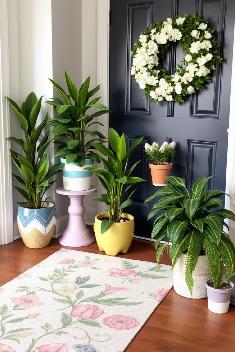 Lively indoor plants in decorative pots create a vibrant and welcoming atmosphere in the entryway. The plants vary in size and shape, placed strategically on a console table and the floor, complemented by colorful pots that enhance the overall decor. Spring entryway decorating ideas include a fresh color palette featuring pastel hues and floral patterns. A stylish runner rug with a botanical print leads to the door, while a cheerful wreath adorned with blossoms hangs on the entrance.