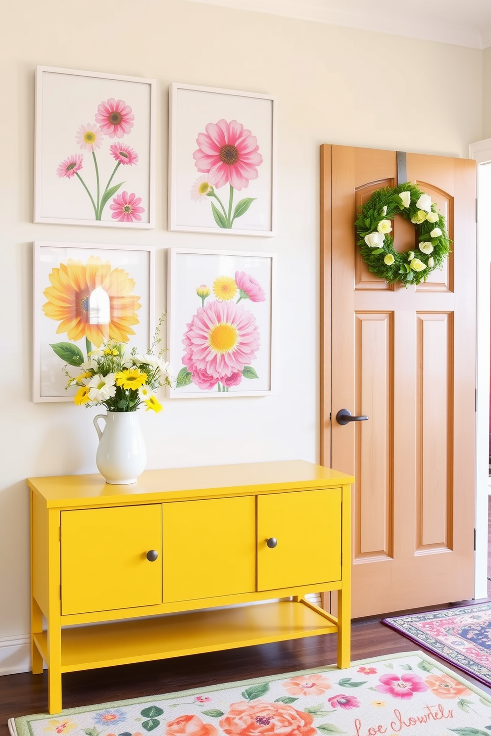 Cheerful spring-themed wall art prints feature vibrant floral designs in various shades of pink, yellow, and green. The prints are arranged in a gallery style on a light pastel wall, creating a lively and inviting atmosphere. Spring entryway decorating ideas include a bright yellow console table adorned with fresh flowers in a ceramic vase. A colorful area rug with floral patterns welcomes guests, while a cheerful wreath hangs on the door, enhancing the seasonal charm.