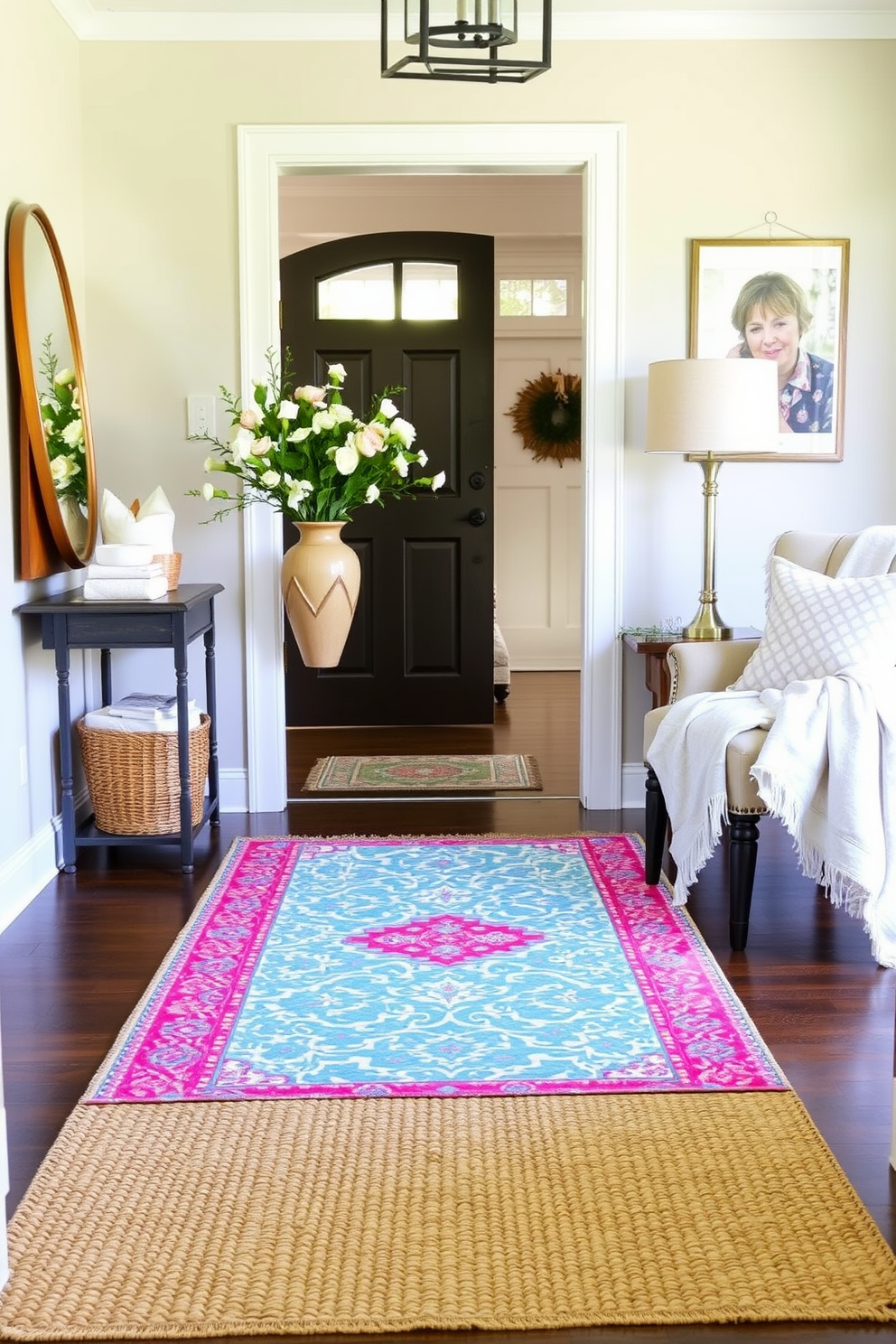 A welcoming entryway adorned with layered rugs that add texture and warmth. The first rug is a large natural fiber base, topped with a vibrant patterned runner that brings a pop of color to the space. Fresh spring decor elements are incorporated, featuring a floral arrangement in a ceramic vase on a console table. Soft pastel accents are introduced through decorative pillows and a light throw blanket draped over a nearby chair.