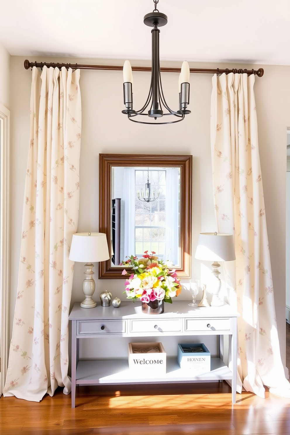 Lightweight curtains drape elegantly from a wooden rod, allowing soft natural light to filter into the space. The curtains are in a pastel floral pattern, complementing the fresh spring vibe of the entryway. A welcoming console table is adorned with a vibrant arrangement of seasonal flowers and decorative accents. A large mirror above the table reflects the light, enhancing the airy atmosphere of the entryway.